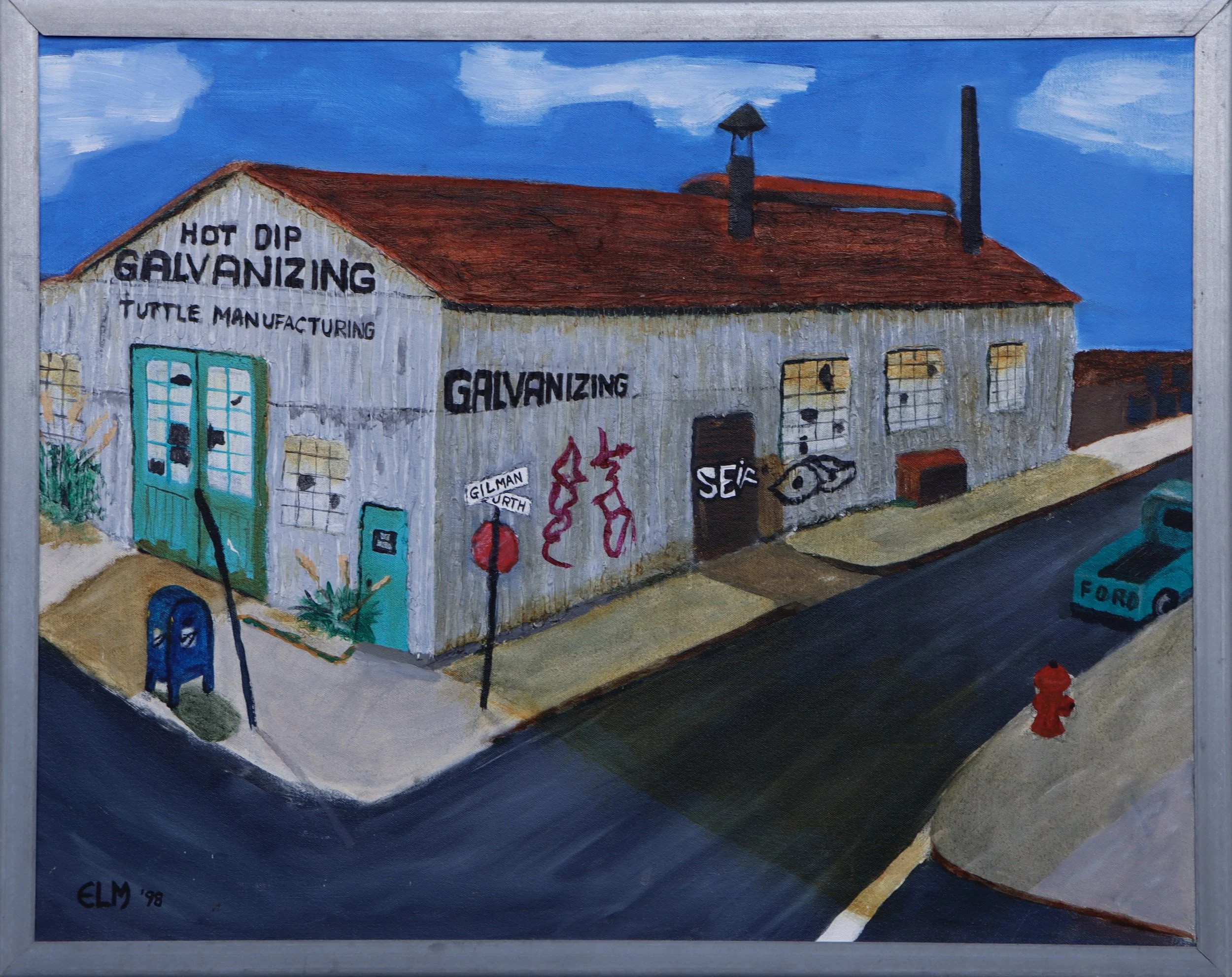 Painting of a building with graffiti and signage, including 'HOT DIP GALVANIZING,' 'TUTTLE MANUFACTURING,' and various graffiti tags. The building has a red roof, blue door, and multiple windows. The sky is painted blue with some clouds.
