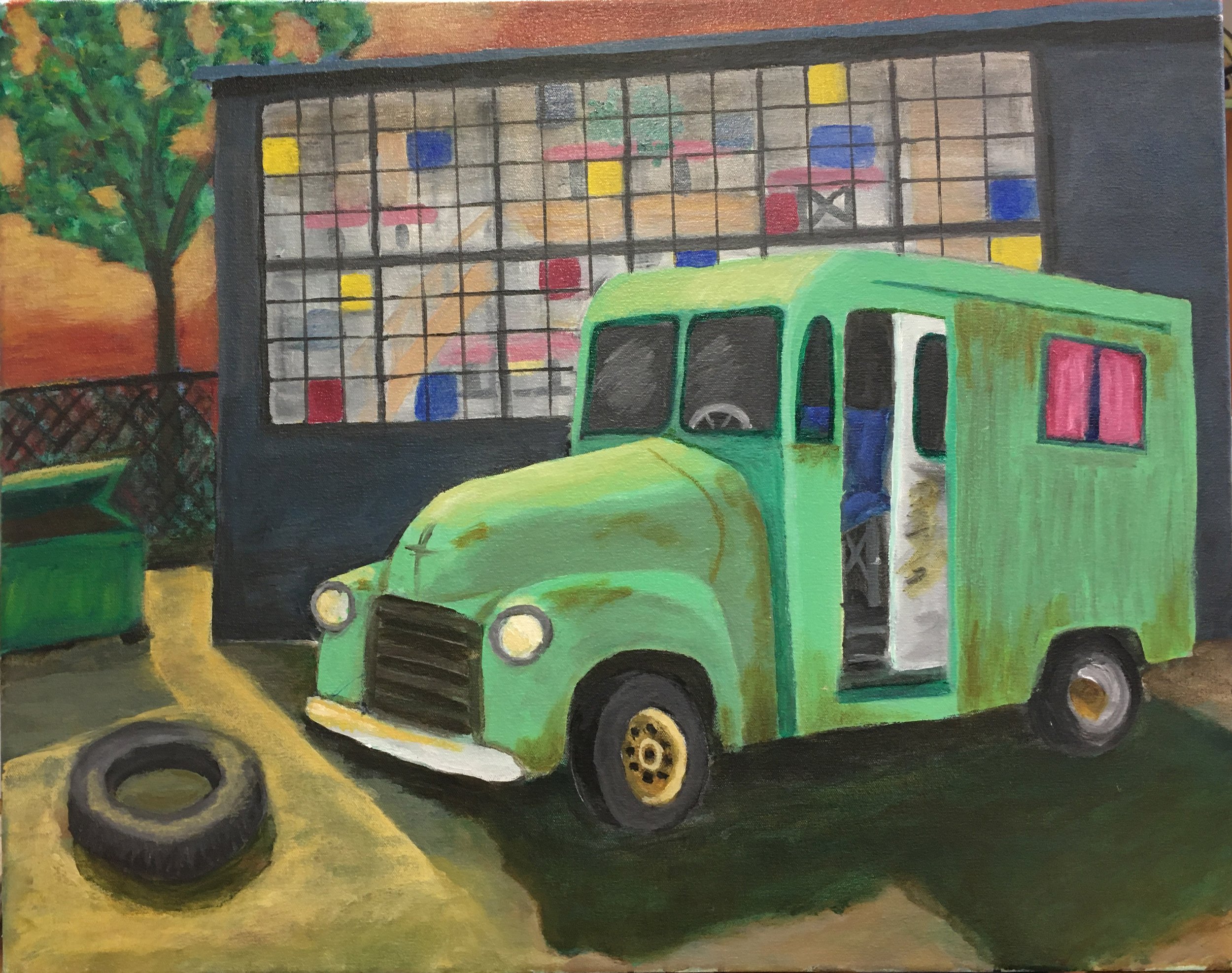 A painting of a green Volkswagen van parked in front of a building with large glass windows. There are colorful geometric shapes visible inside the building through the windows, and a green tree with orange and green leaves is seen on the left side o