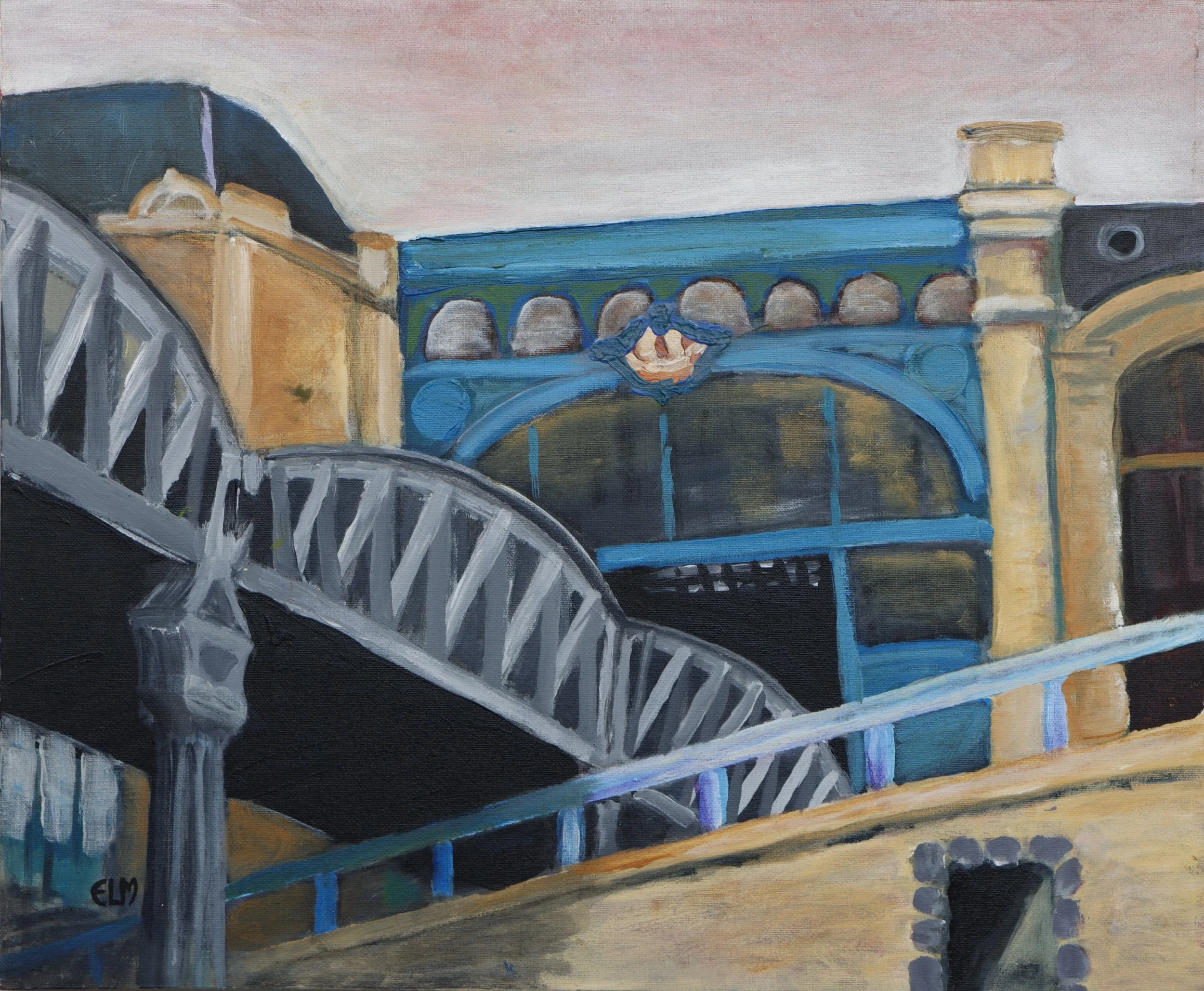 A painting of a bridge with blue and green colors, featuring arches and a decorative element in the center, under a pinkish sky.
