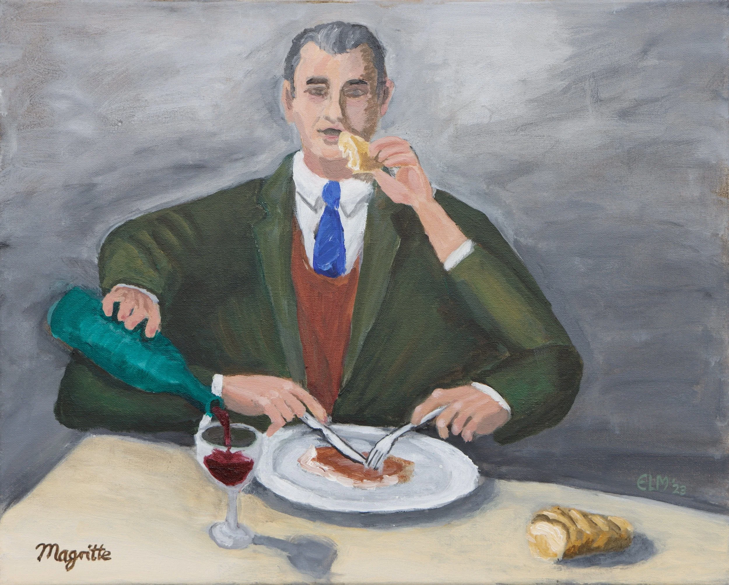 A painting of a man with gray hair, dressed in a green jacket, white shirt, and blue tie, holding a piece of cheese near his mouth. The man is sitting at a table with a cup of coffee, a slice of cake, and a spoon on a white plate. The background has 