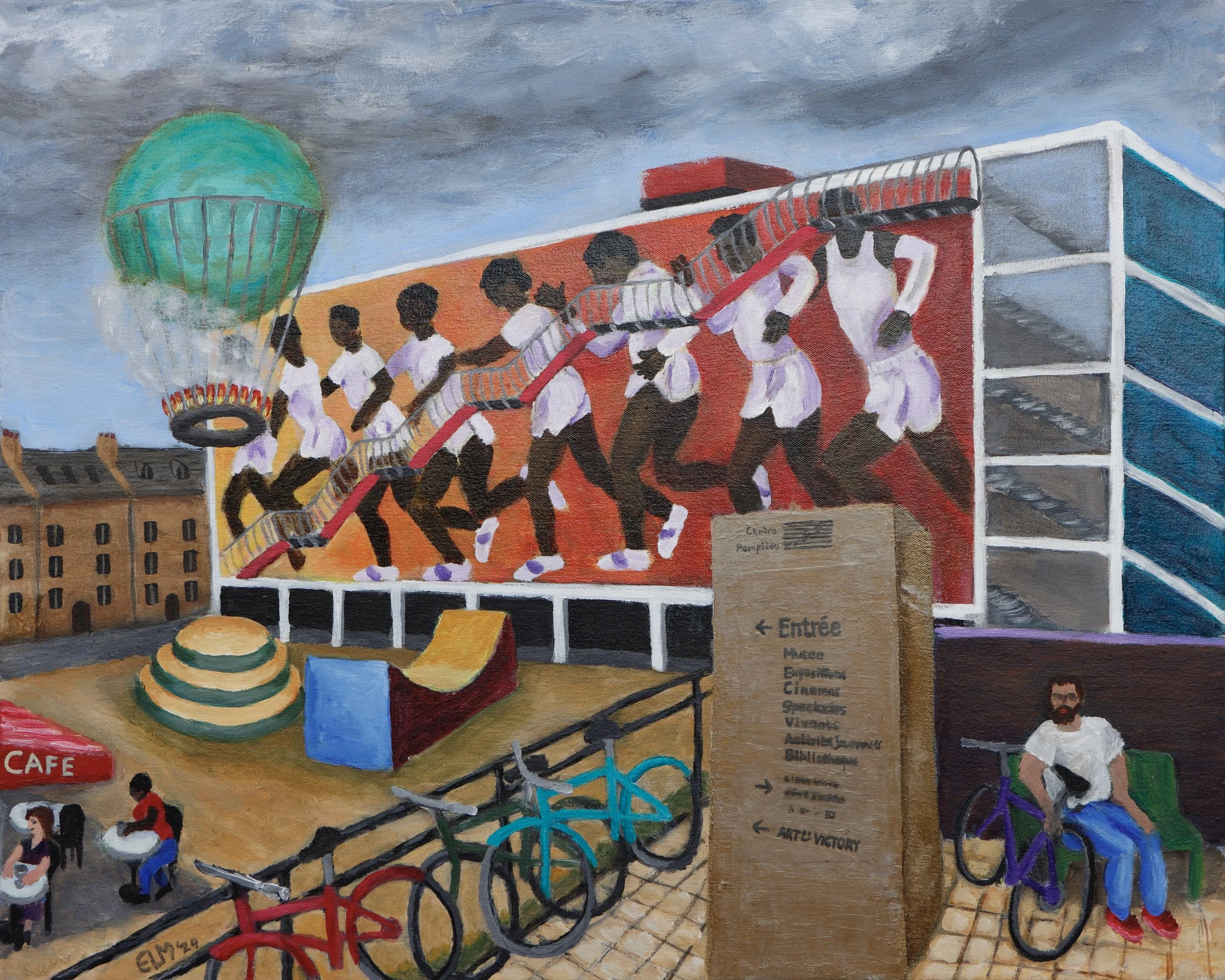 A mural depicts a crowded urban scene with people walking, biking, and riding an amusement park ride. The sky is cloudy, and buildings are visible in the background. A staircase and a sign with directions are also part of the scene.