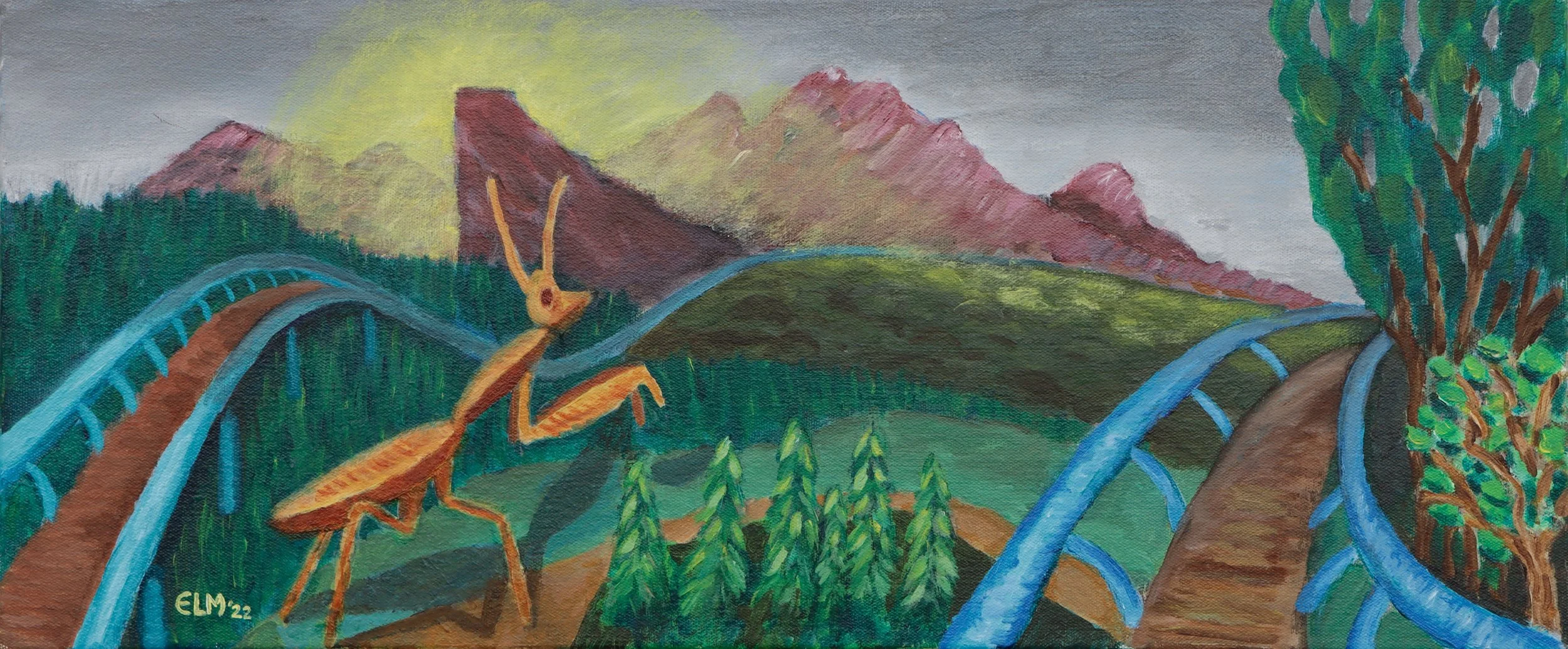 A colorful painting of a mountainous landscape with a large orange snail in the foreground and green trees along a winding blue and brown path.
