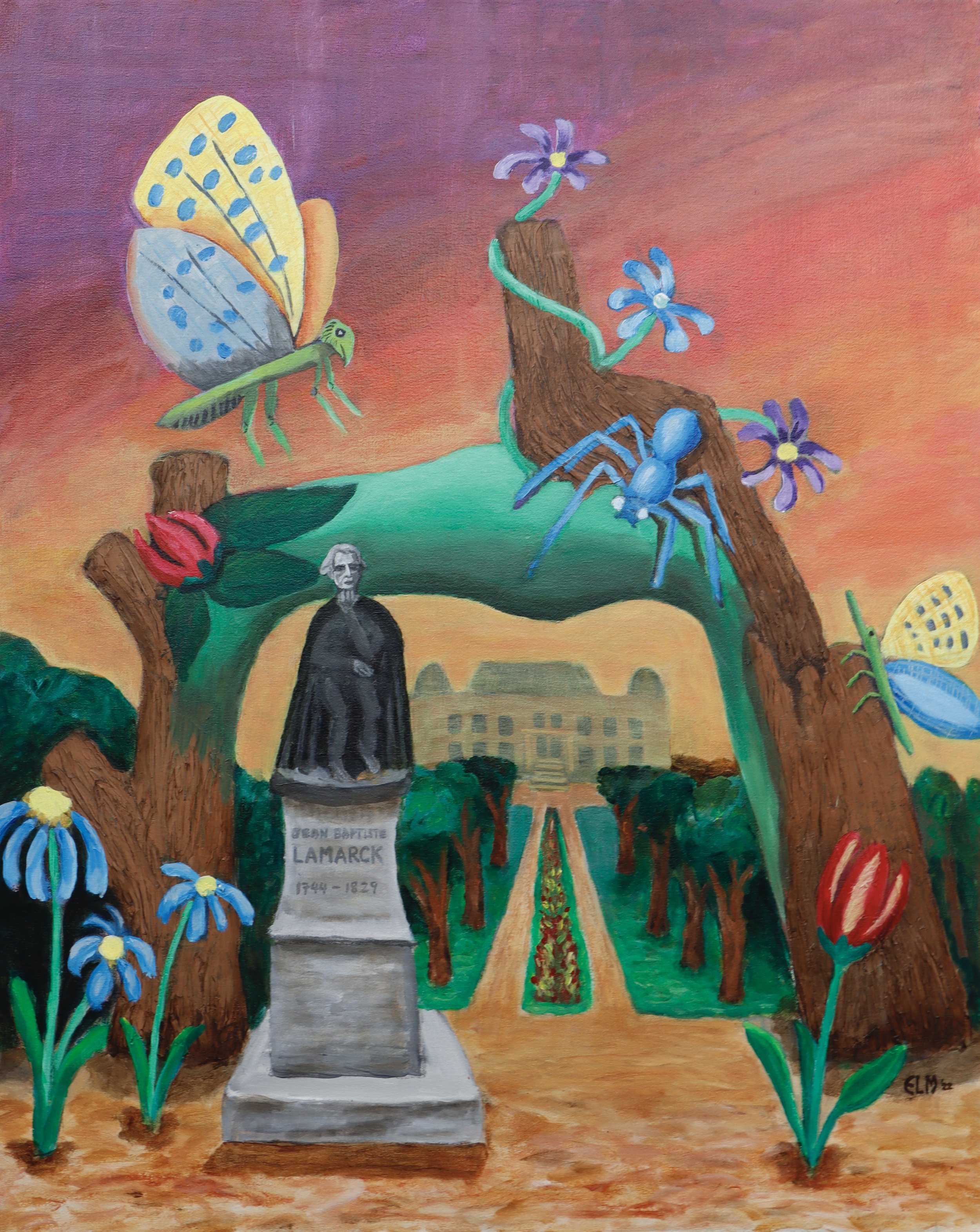 A colorful painting depicting a monument with a statue of a man and the name 'Samuel B. LaMarck' along with his birth and death years. The scene is set outdoors with a pathway lined with blue and red flowers, large trees, and a background of a citysc