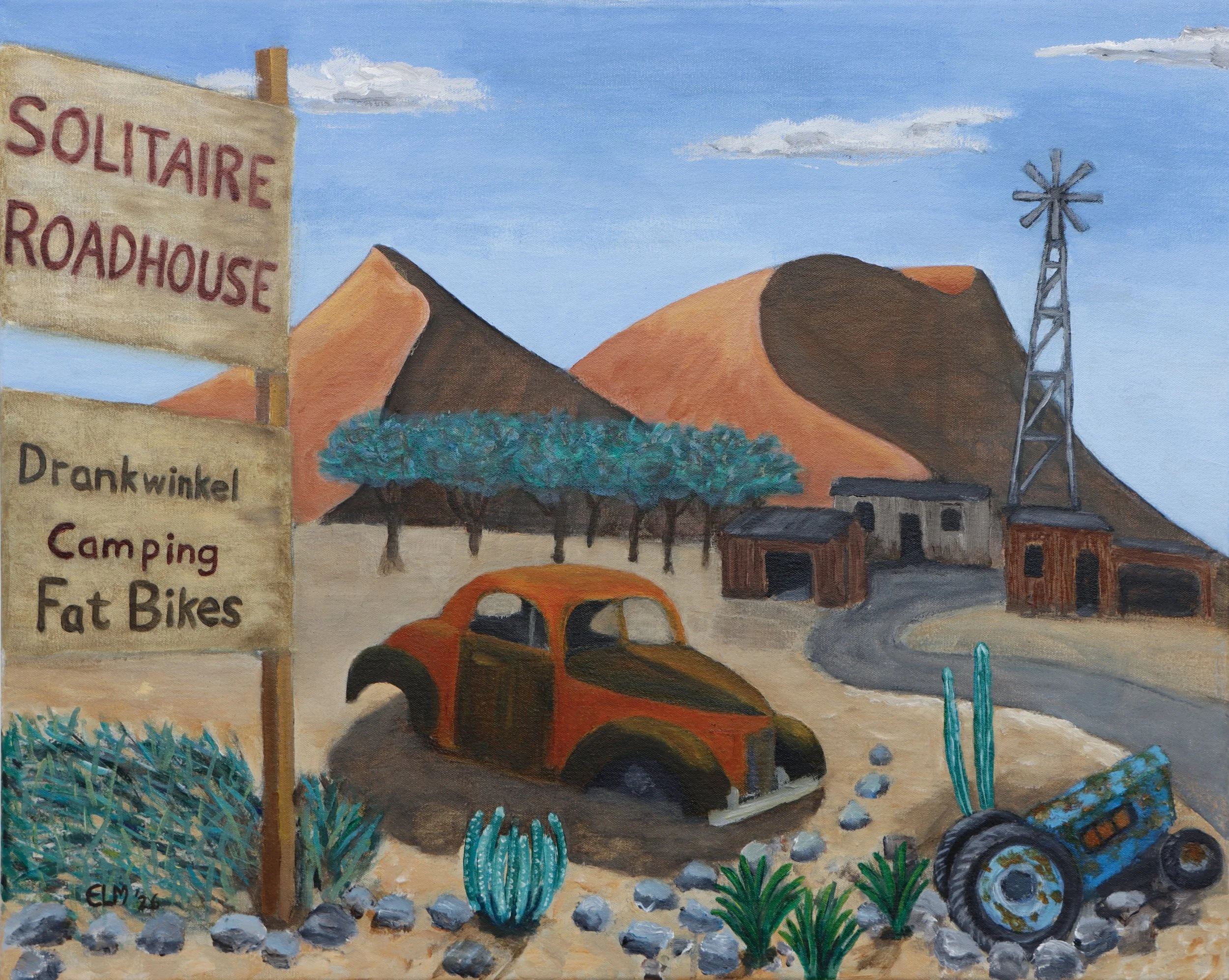A colorful painting of a roadside scene featuring a sign that says 'Solitair Roadhouse' and other text, mountains in the background, trees, a vehicle, and cacti in the foreground.