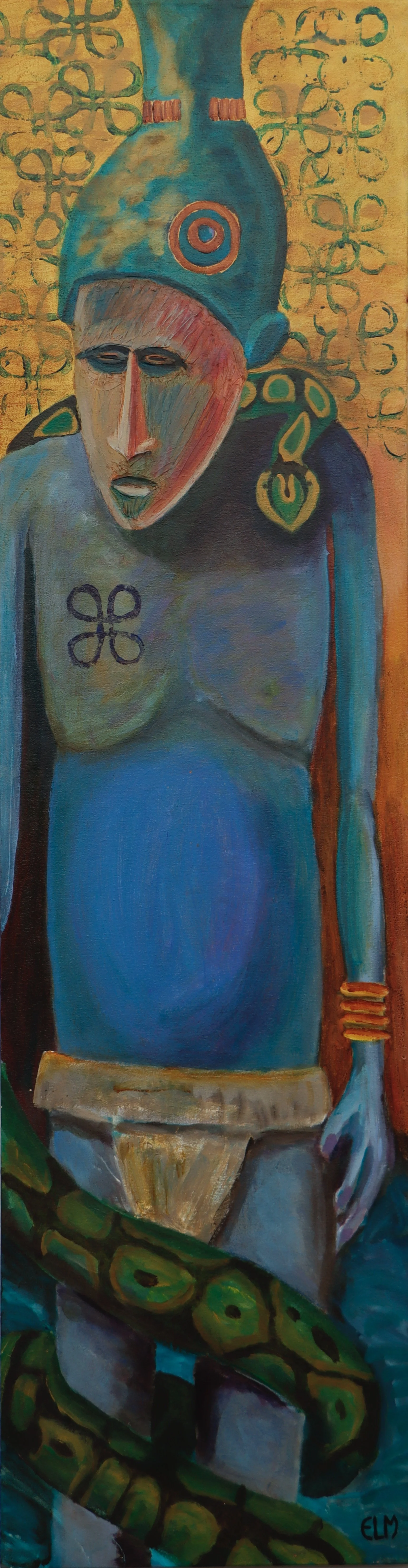 A colorful, abstract painting of a humanoid figure with a snake coiled around its waist, wearing a tall, blue headpiece with a target symbol. The background features yellow patterns, and other decorative elements are present on the figure's shoulders
