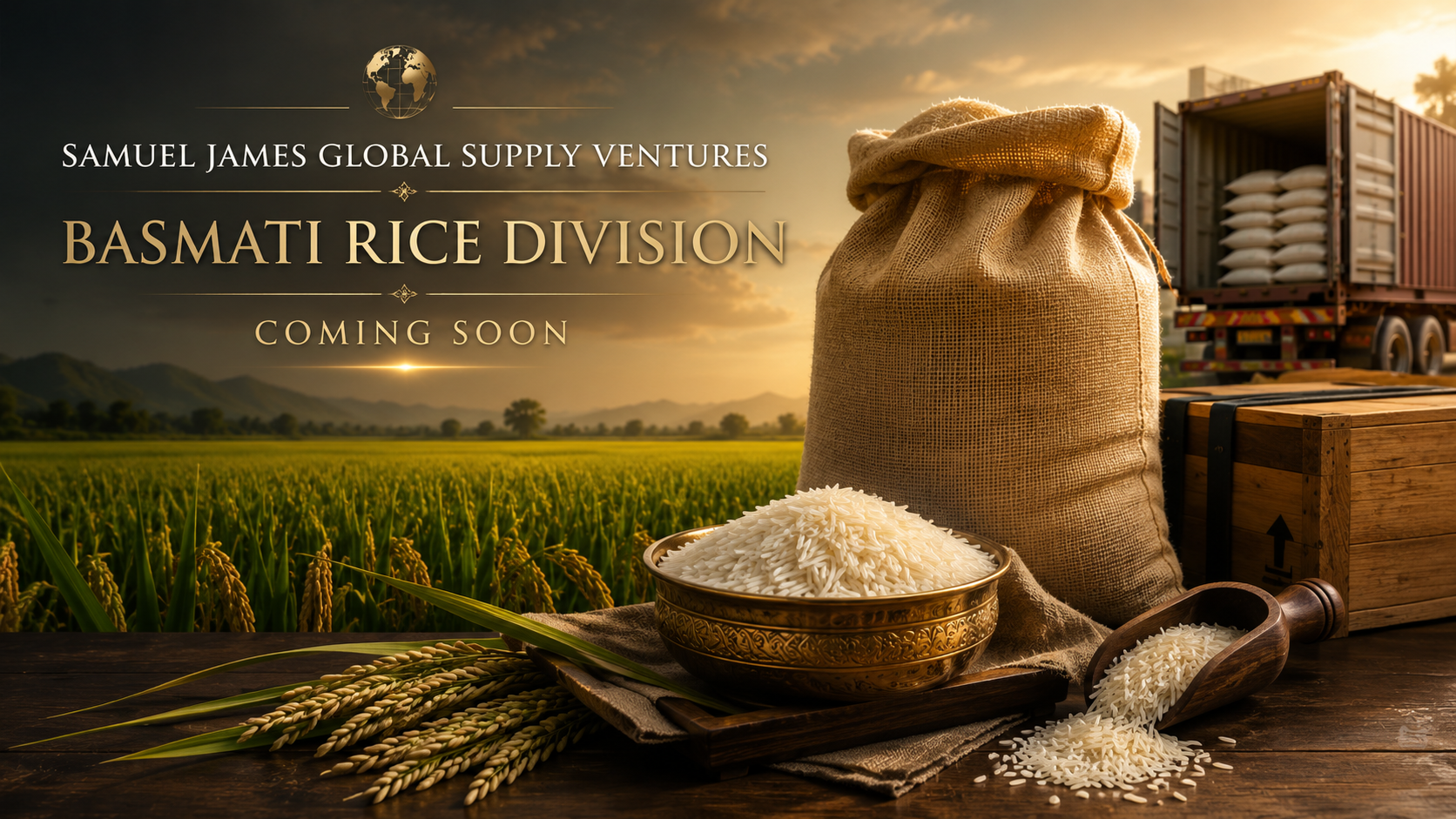 Samuel James Global Supply Ventures Basmati Rice Division coming soon, featuring long-grain basmati rice, a burlap export sack, rice fields, and international shipping at sunset.