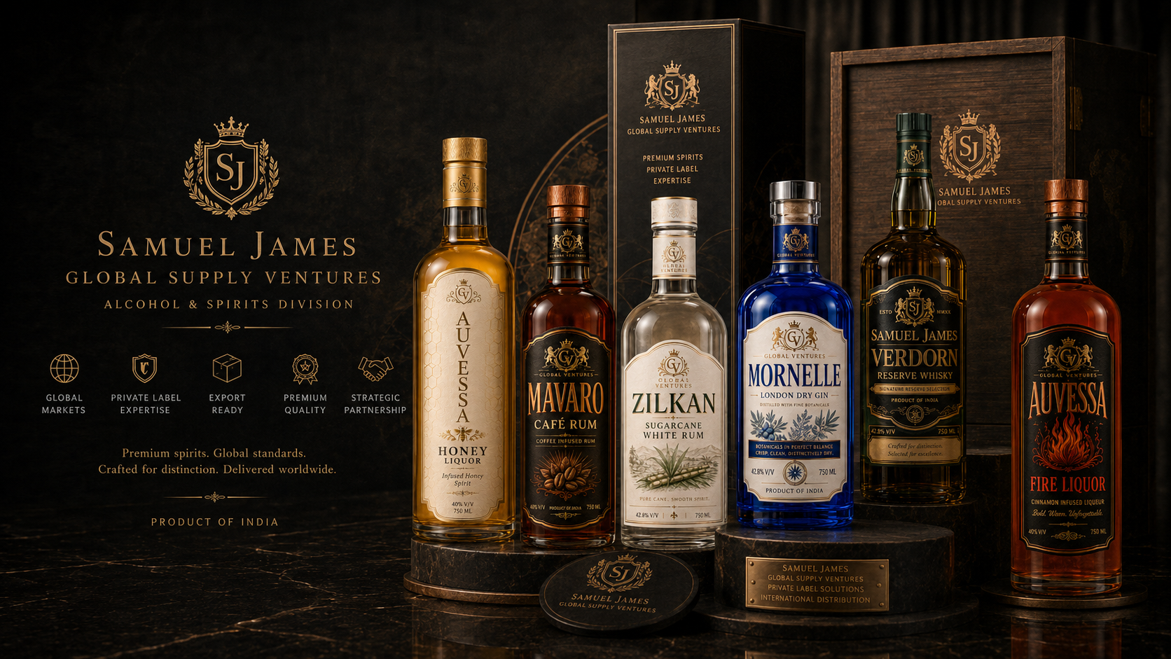 Samuel James Global Supply Ventures Alcohol & Spirits Division featuring premium private label spirits, export-ready packaging, and international beverage sourcing solutions.