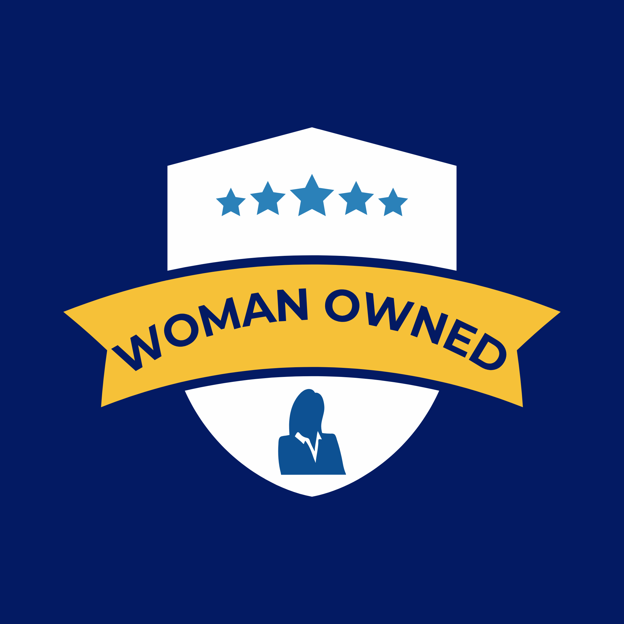 The image displays a badge with a blue background and a white shield in the center. Inside the shield, there are five blue stars aligned horizontally at the top. Below the stars, there is a silhouette of a man in a suit with a tie. A yellow ribbon below the shield contains the words "WOMAN OWNED" in black text.