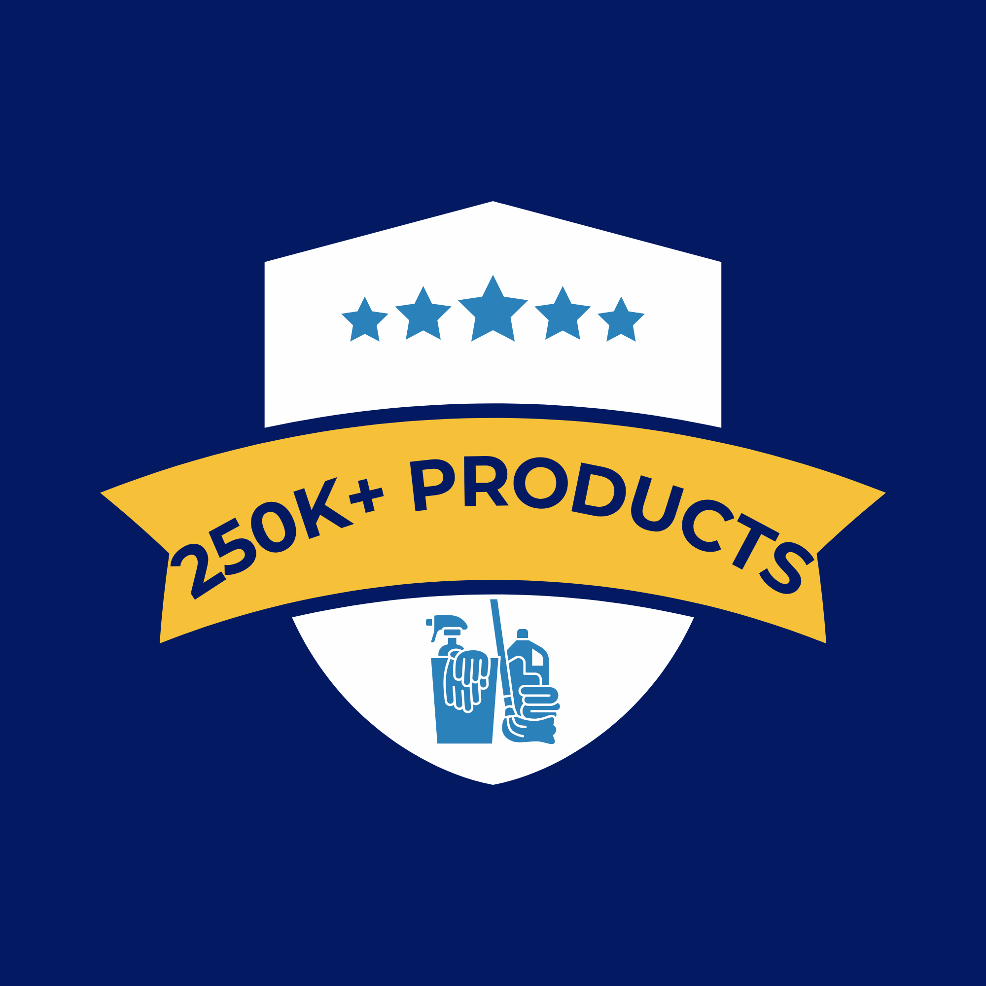 A logo with a dark blue background featuring a white shield with five blue stars and a blue faucet with cleaning supplies. The text indicates a focus on property and product cleanliness and quality.