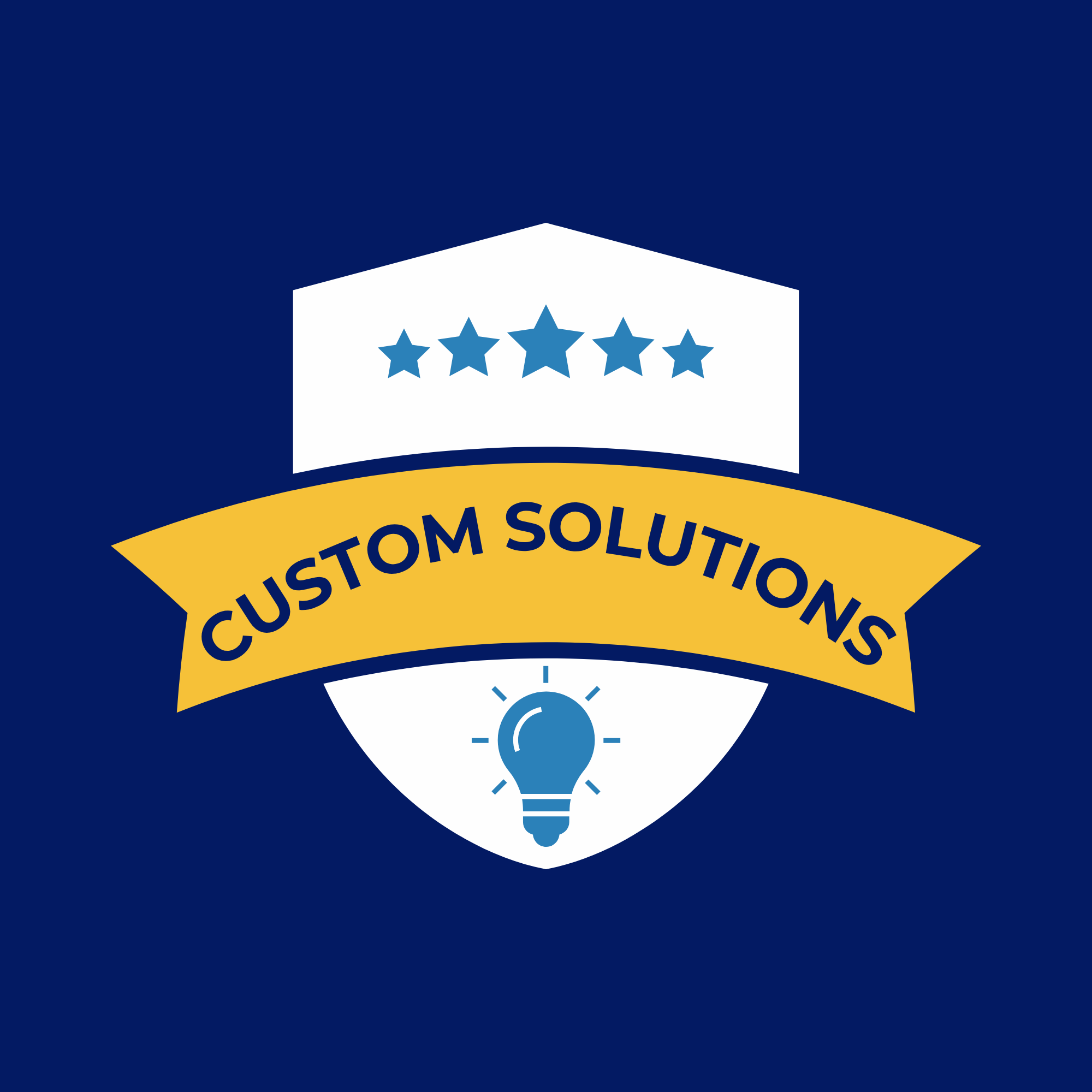 Logo for Tom Solutions, a company specializing in custom solutions. The logo features a shield shape with five stars inside and a light bulb at the bottom, all on a dark blue background.