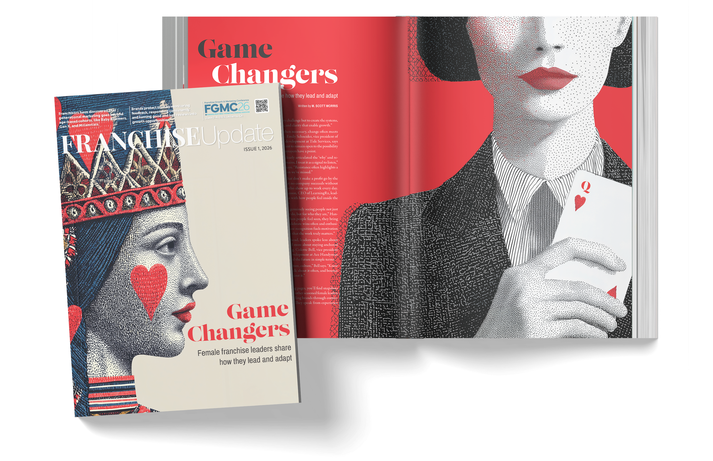 Open magazine pages featuring illustrations of women with halftone dot patterns; one woman has a crown and hearts on her face, the other is holding a queen of hearts playing card.