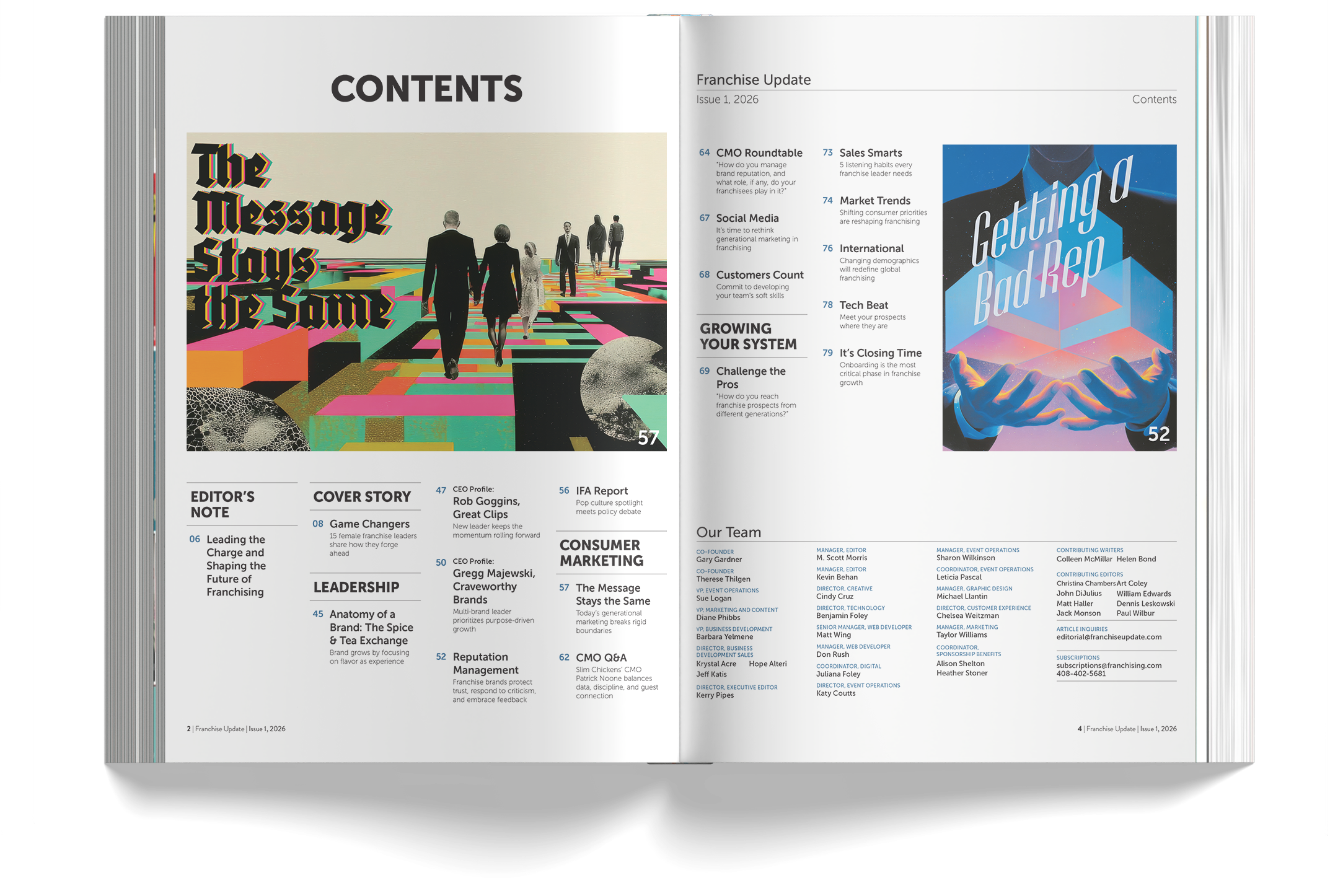 Open magazine showing a double-page spread with contents page and colorful graphic images. The left page features an artistic illustration of people walking on a geometric, colorful path with text 'The Message Stays the Same'. The right page lists ar