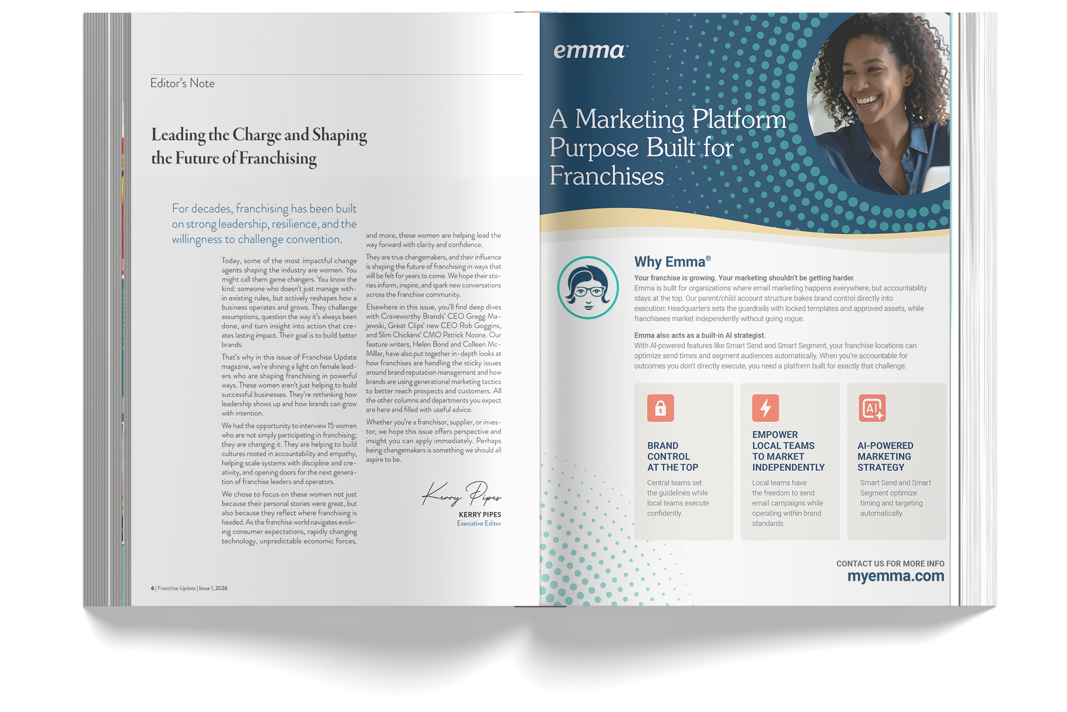 Open magazine showing two pages of a publication about franchising. The left page contains an article titled "Leading the Charge and Shaping the Future of Franchising" with text and a signature at the bottom. The right page features a blue cover with