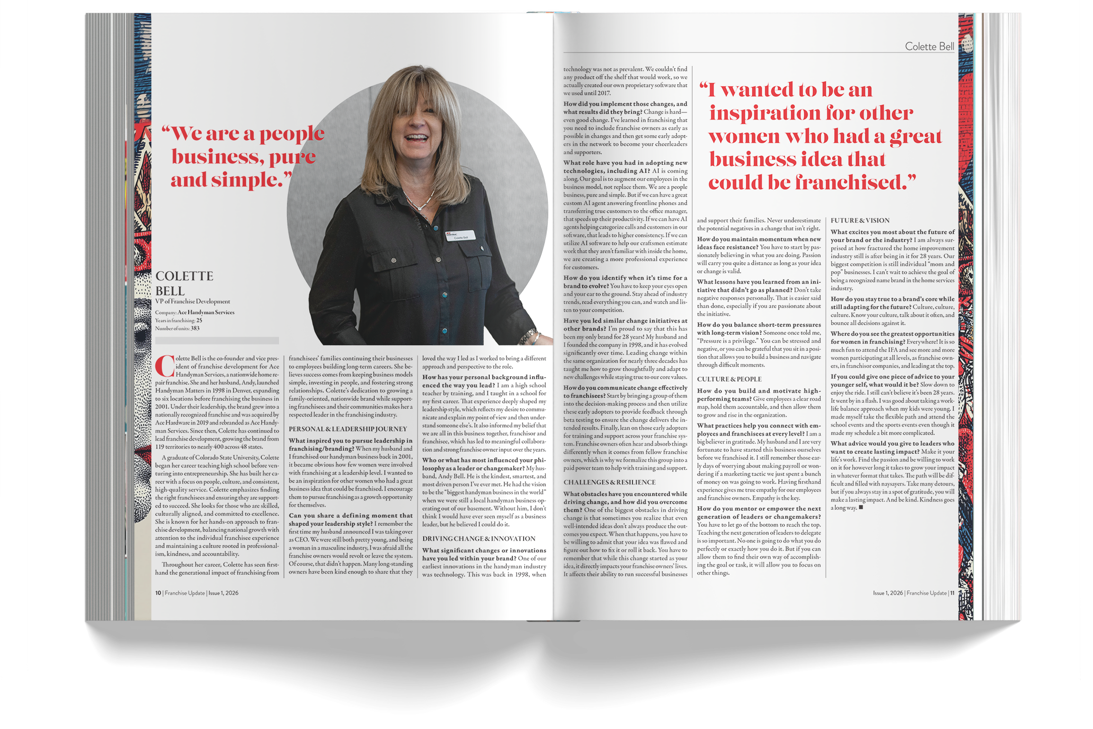 A two-page magazine article featuring an interview with Colette Bell, Vice President of Franchise Development at Ace Handyman Services. The article discusses her background, business philosophy, and insights on franchise growth, with a prominent quot