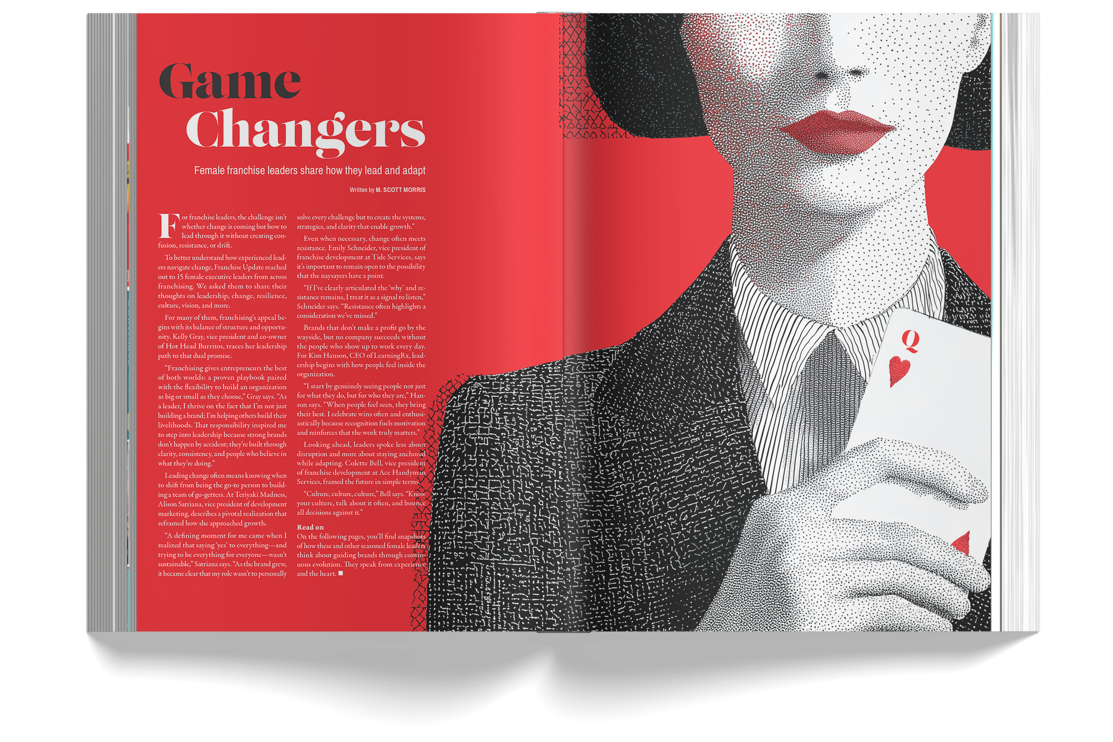 Open magazine spread titled 'Game Changers' with an illustration of a woman's face on the right page and red background with white and black text on the left page.