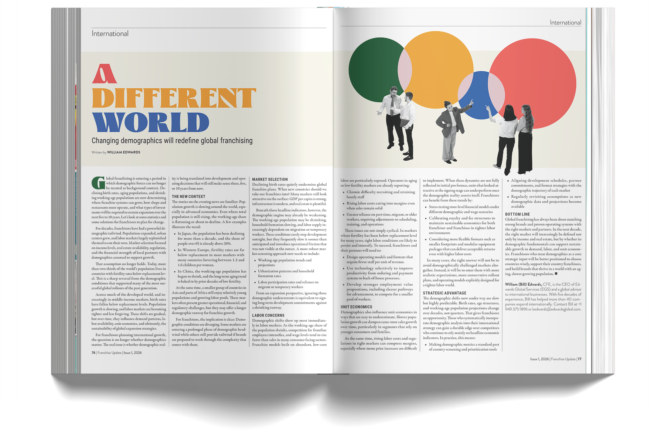 Open magazine spread with article titled 'A Different World' discussing changing demographics and global franchising, featuring a black-and-white image of four businesspeople engaged in discussion, with colorful overlapping circles in the background.