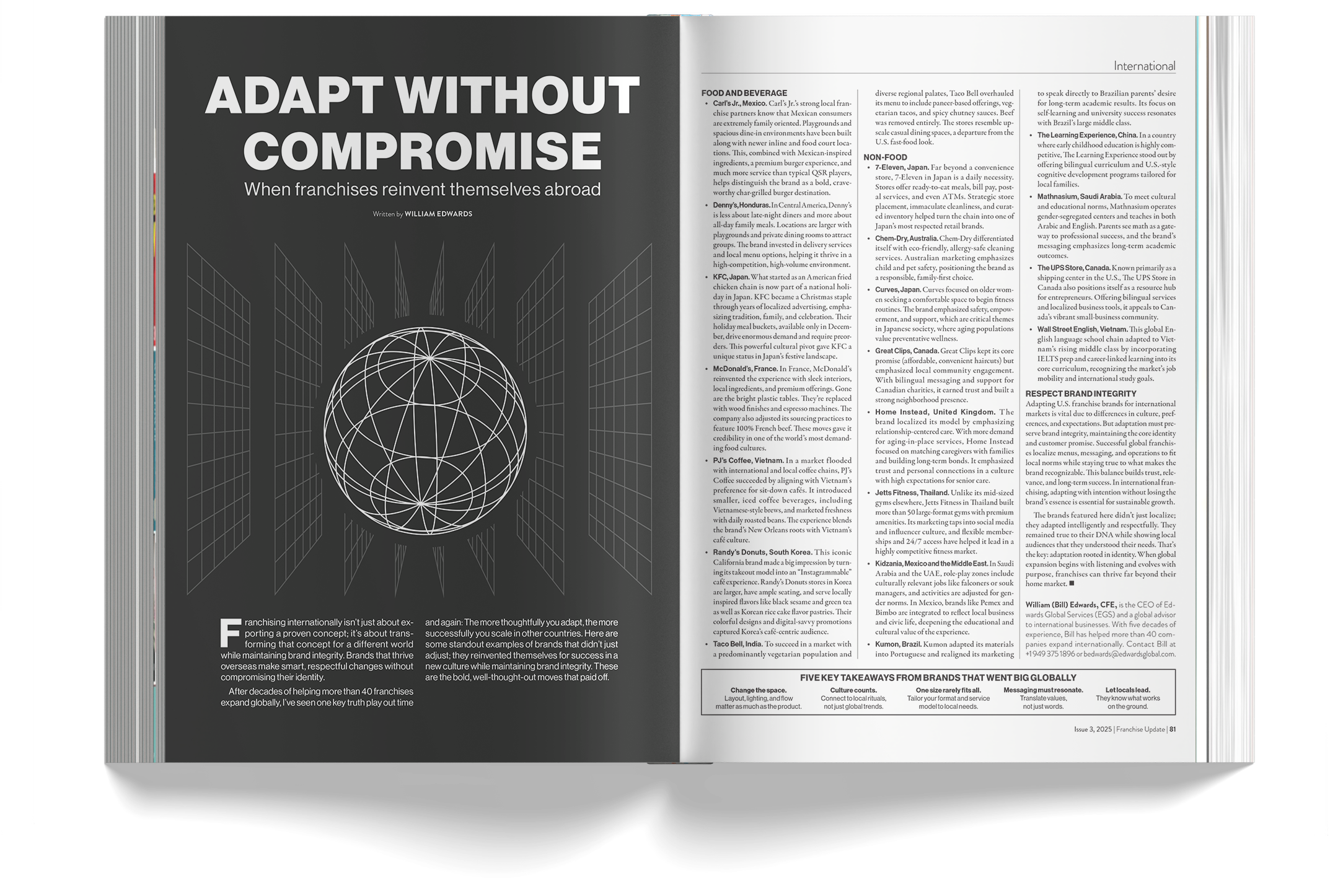 Two-page magazine spread with the headline "Adapt Without Compromise" and article text about international franchise examples and strategies.
