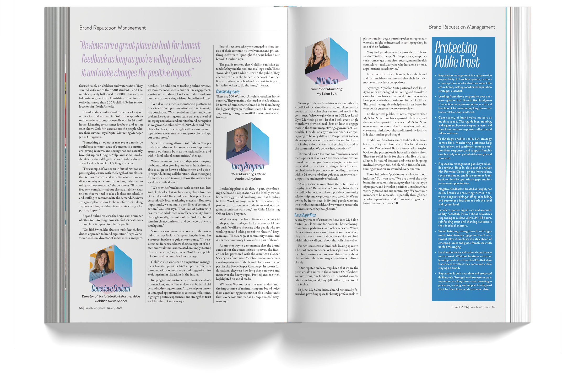 An open magazine spread featuring articles about brand reputation management, with photos of Jill Sullivan and Larry Bragman, and a blue sidebar with key points on protecting public trust.