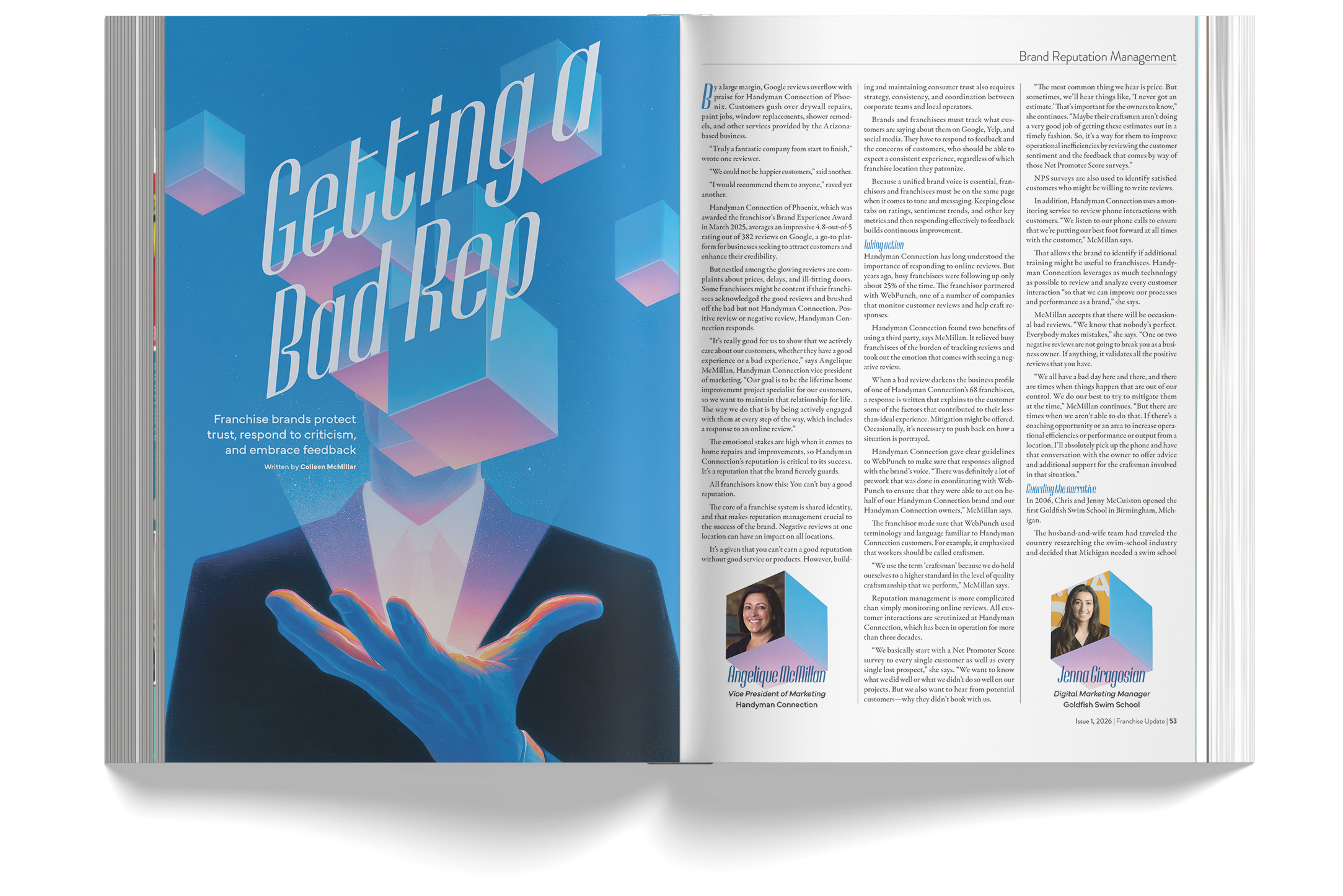 Open magazine spread featuring an illustration of a man in a suit with colorful hands, accompanied by articles about franchise reputation management, with photos of Angelique McMillan and Jenna Giragosian at the bottom of the pages.