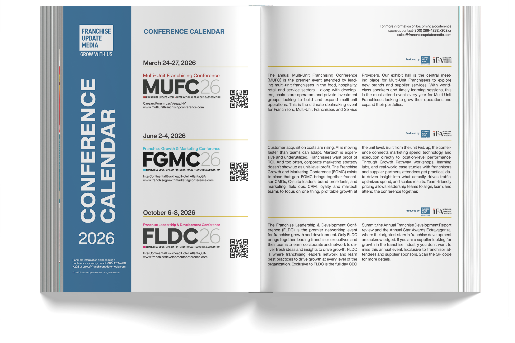 A conference brochure for the Franchise Update Media Conference 2026, held from March 24 to 27 at Caesars Forum in Las Vegas, NV. The brochure highlights multiple upcoming events, including the Multi-Unit Franchising Conference, Franchise Growth & Ma