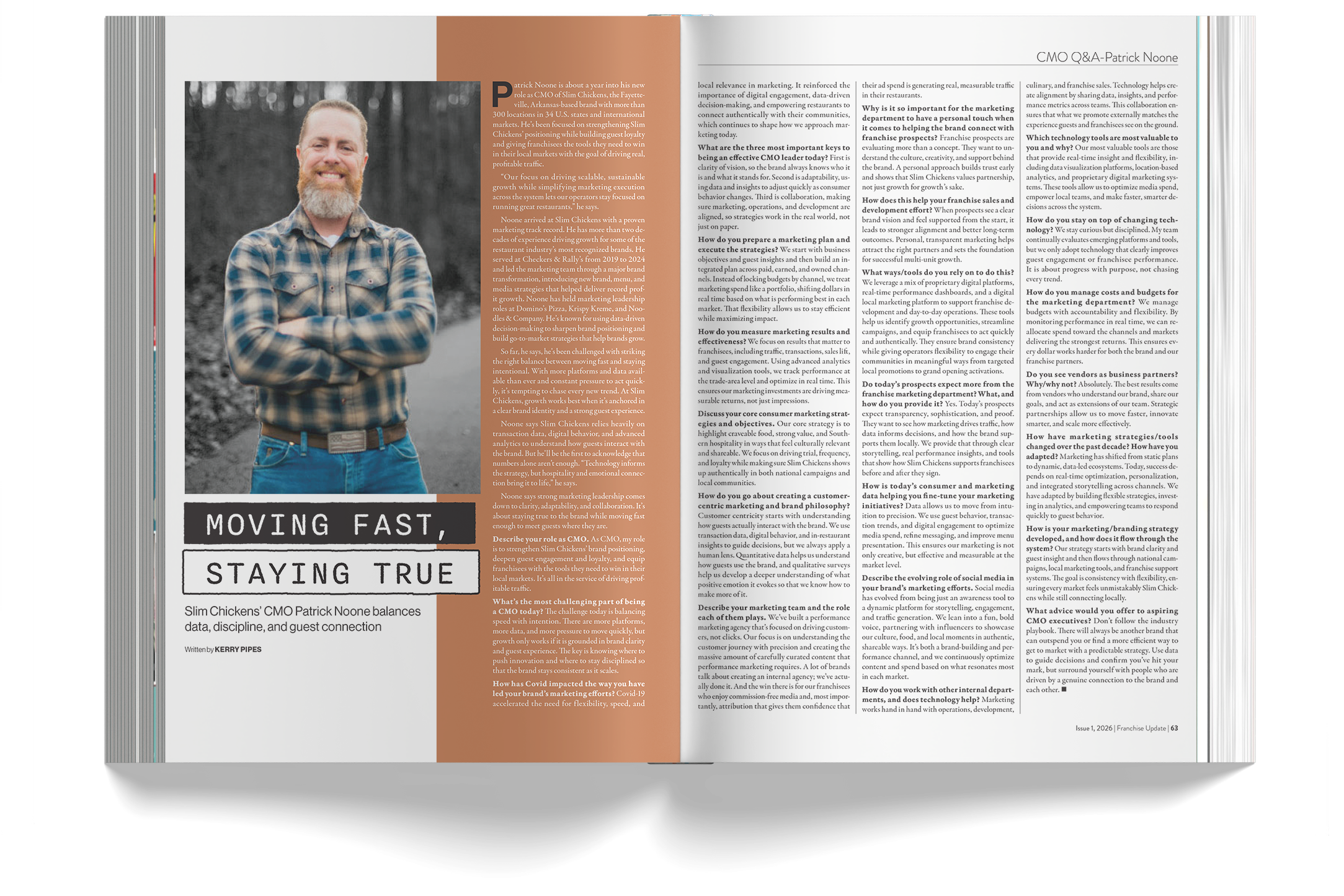 Spread of an open magazine showing an article about Patrick Noone, the Chief Marketing Officer of Slim Chickens, with a portrait photo of him on the left page.