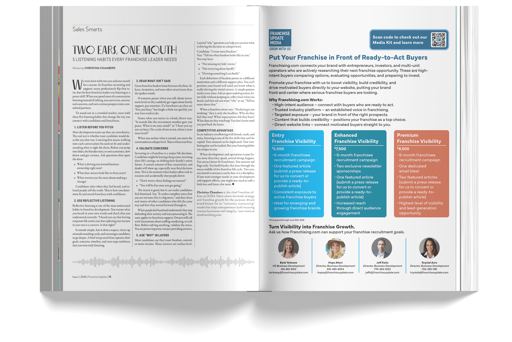Open magazine or brochure showing an article titled 'Two Ears, One Mouth' discussing listening habits for franchise leaders, accompanied by sections on franchise visibility options and profiles of franchise development leaders, with portraits, names,