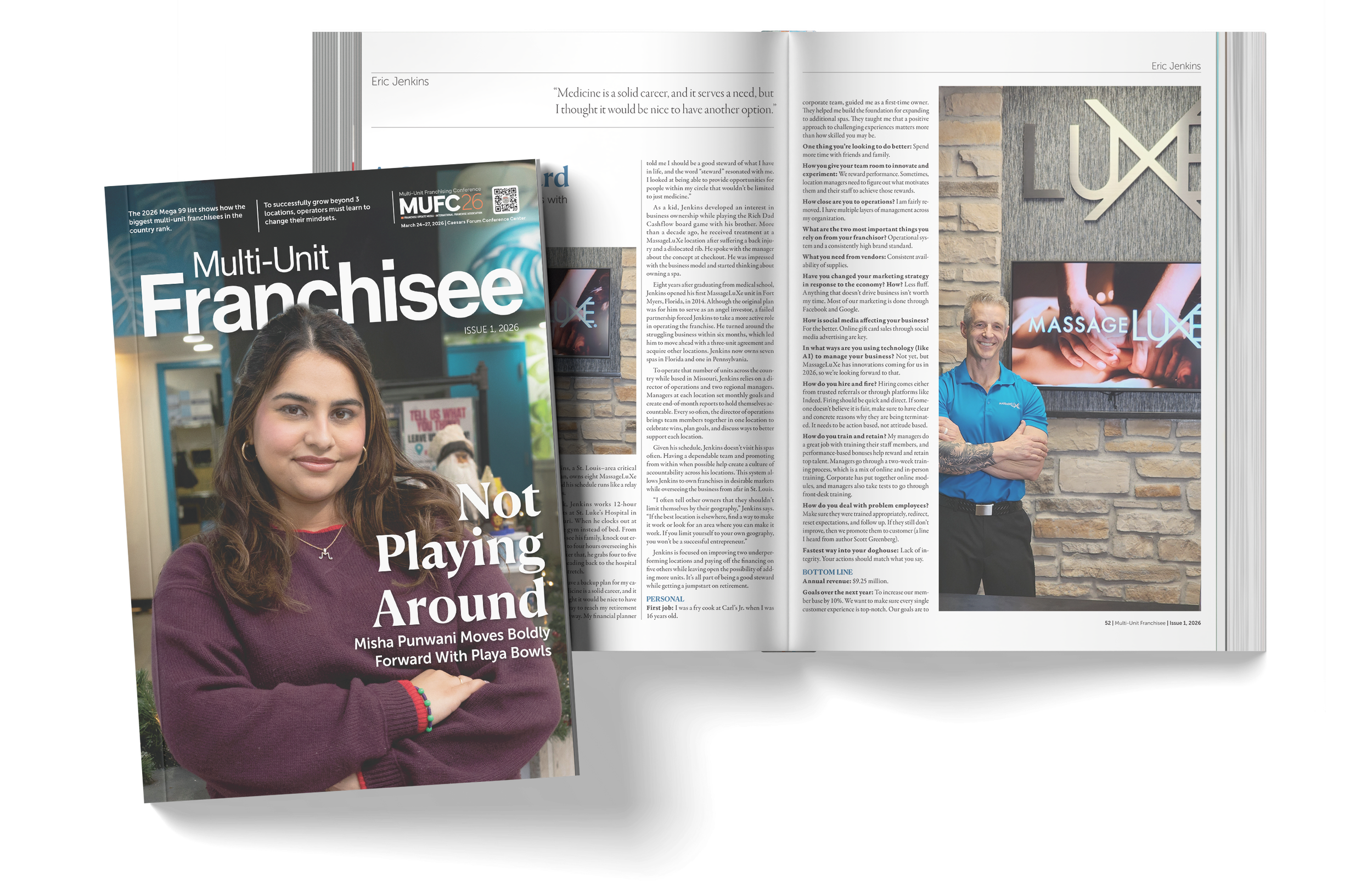 A magazine cover featuring a young woman with brown hair, wearing a purple sweater, standing outdoors. The magazine is titled "Multi-Unit Franchisee" and the issue date is 2026. The cover story mentions Misha Punwani moving boldly forward with Playa Bowls. Partially visible behind the magazine is an open book or magazine with printed text and images, including a man smiling and standing with crossed arms, wearing a blue shirt, standing against a brick wall.