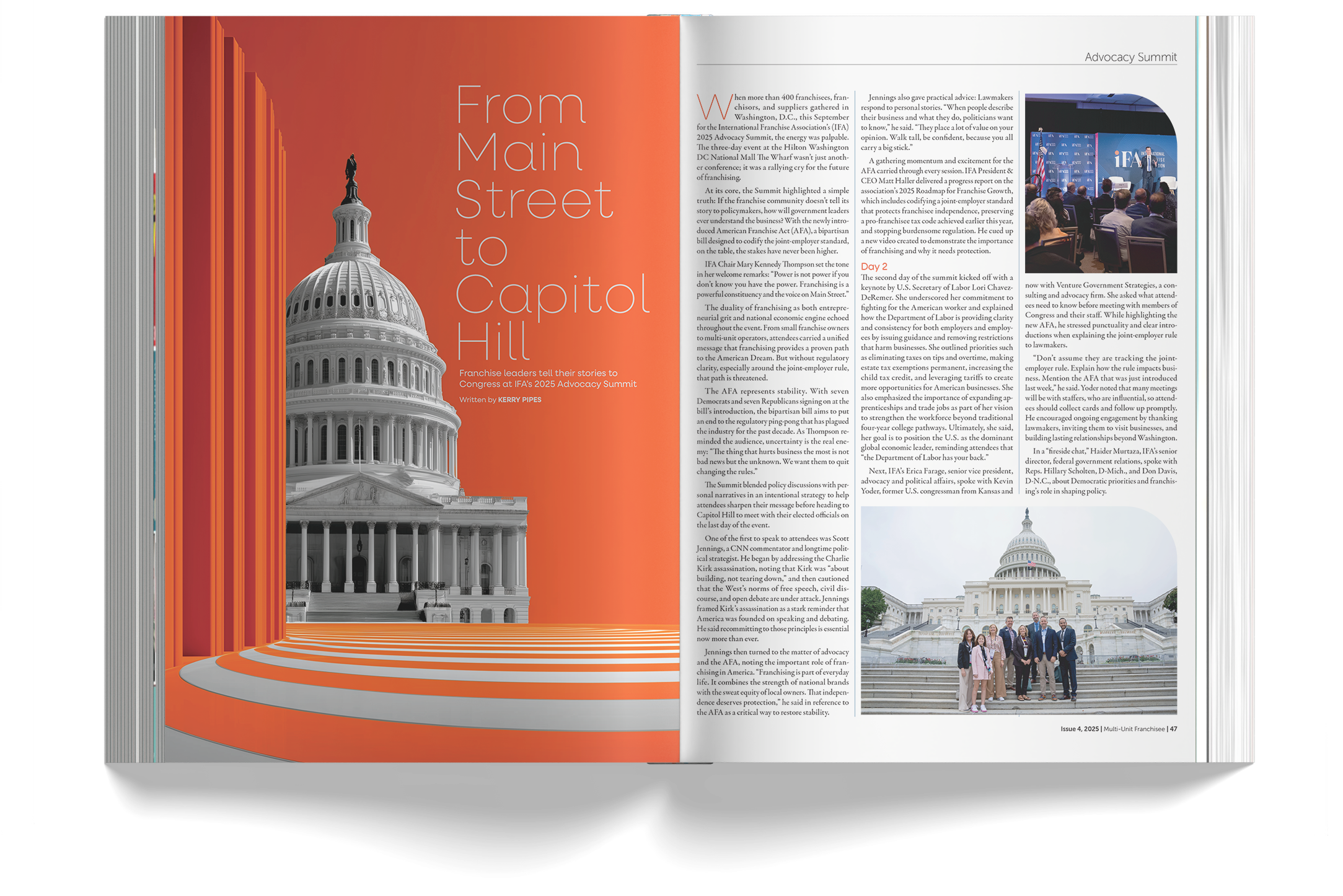 Open magazine with an article titled "From Main Street to Capitol Hill" featuring images of the Capitol building and a group of people posing outside.