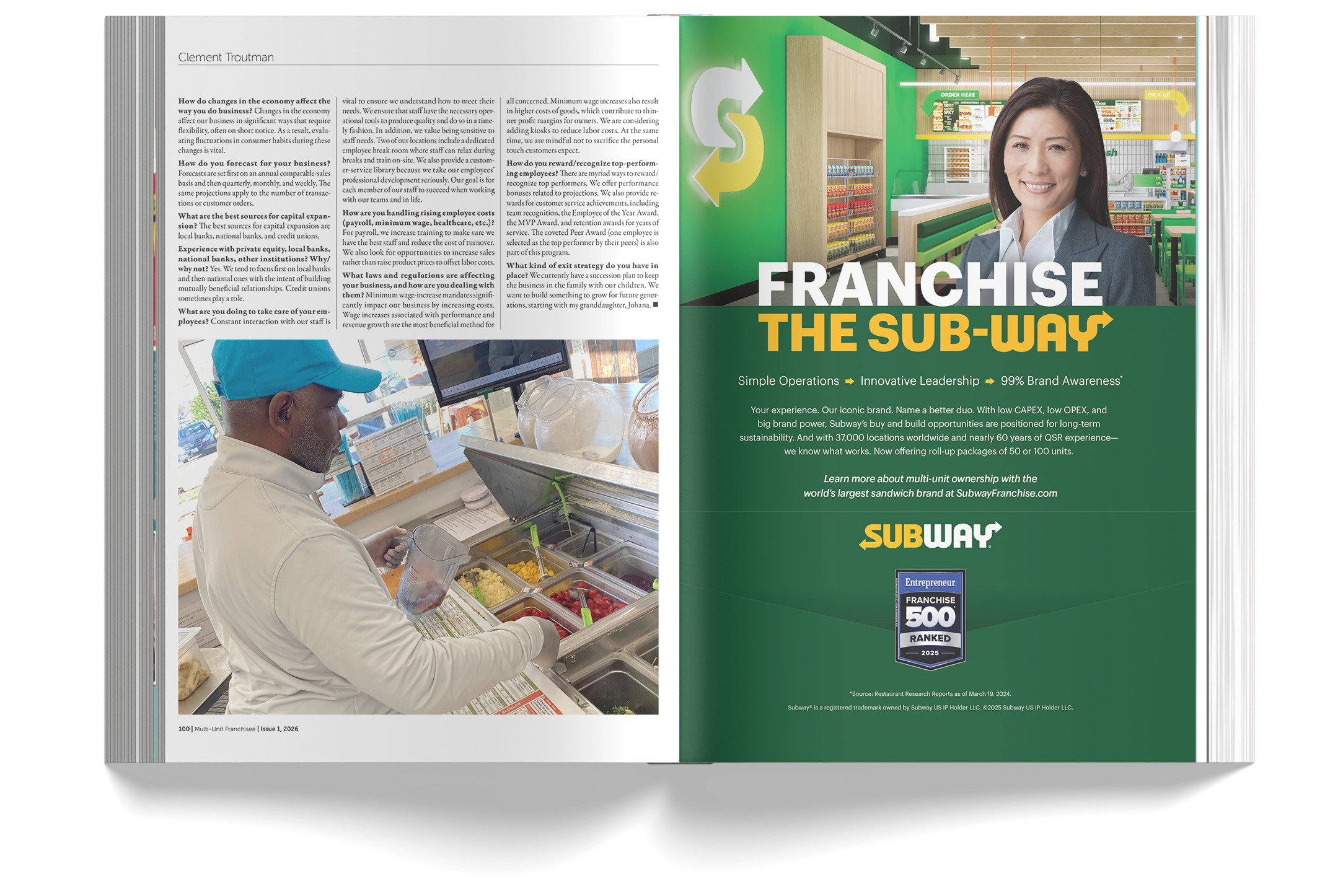 Open magazine featuring an article about Subway franchise, showing a woman wearing a blue cap adding toppings to a sandwich at a Subway restaurant, with a Green and yellow Subway logo on the page.