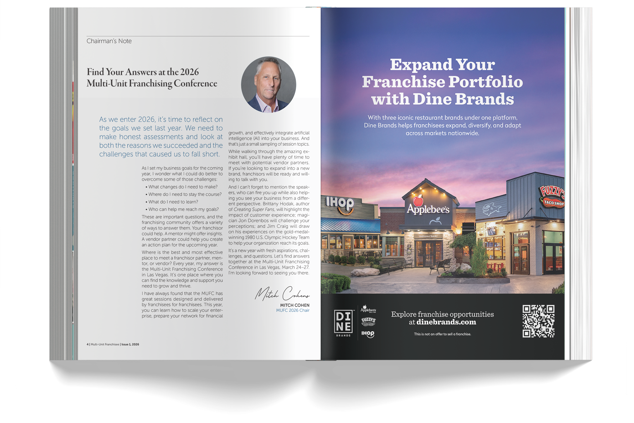 Double-page spread in a magazine featuring an article about franchise opportunities, with a photo of a man on the left page and an outdoor shopping center scene with restaurant signs on the right page, at sunset.