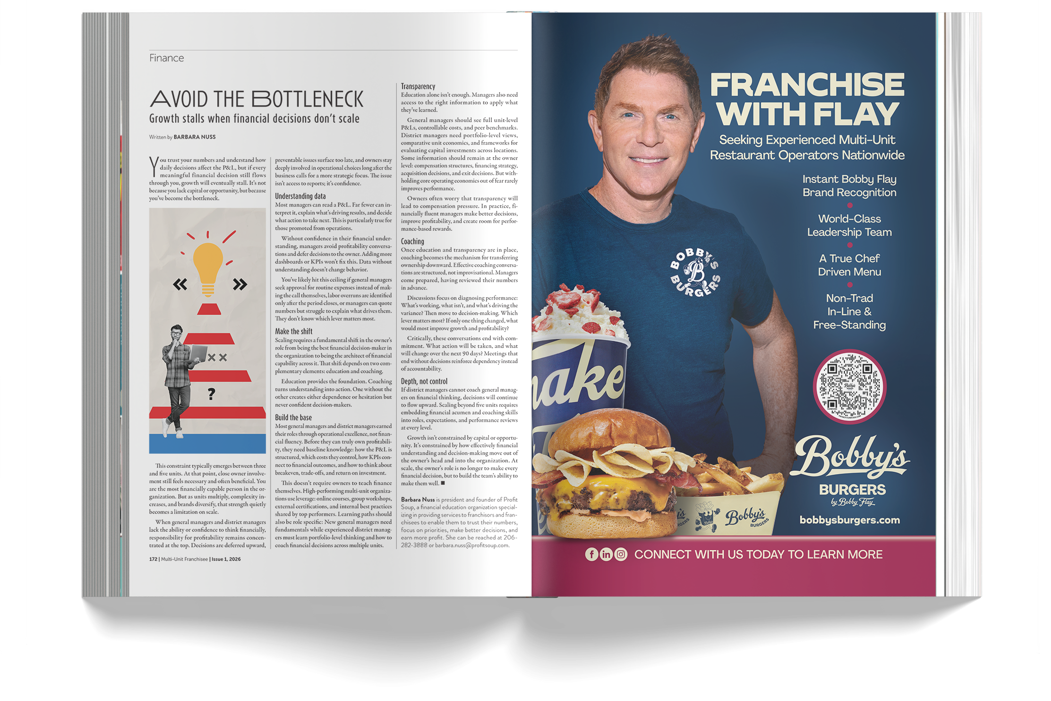 A magazine spread featuring an article on financial decision making on the left side and an advertisement for Bobby's Burgers on the right side. The ad includes a smiling man holding a large cup of ice cream, a burger, and a QR code, with text highli