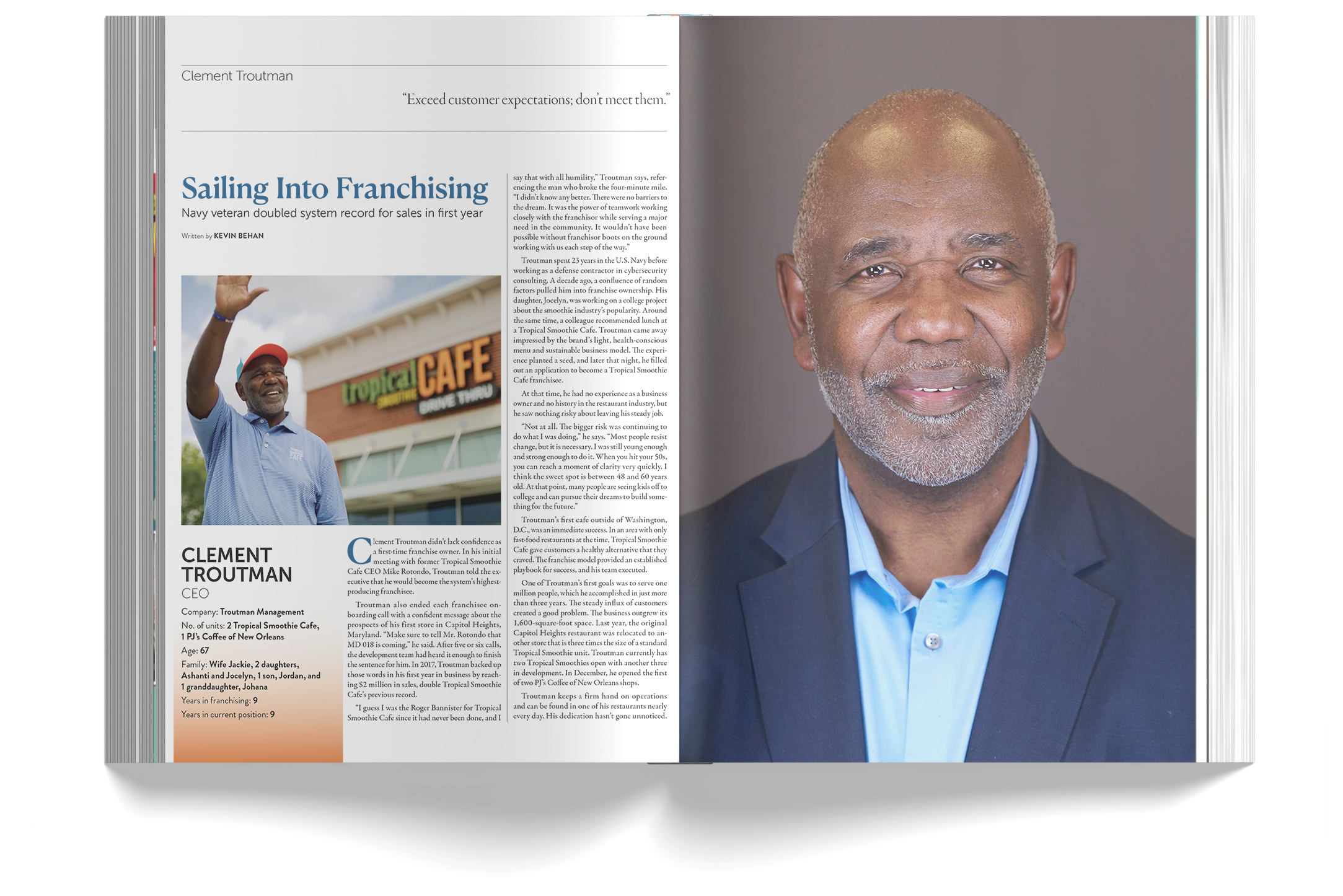 A magazine spread featuring a photo of an older man with a bald head, gray beard, and a dark blazer over a blue shirt on the right side. The left side contains an article titled 'Sailing Into Franchising' about a Navy veteran and franchise owner, wit