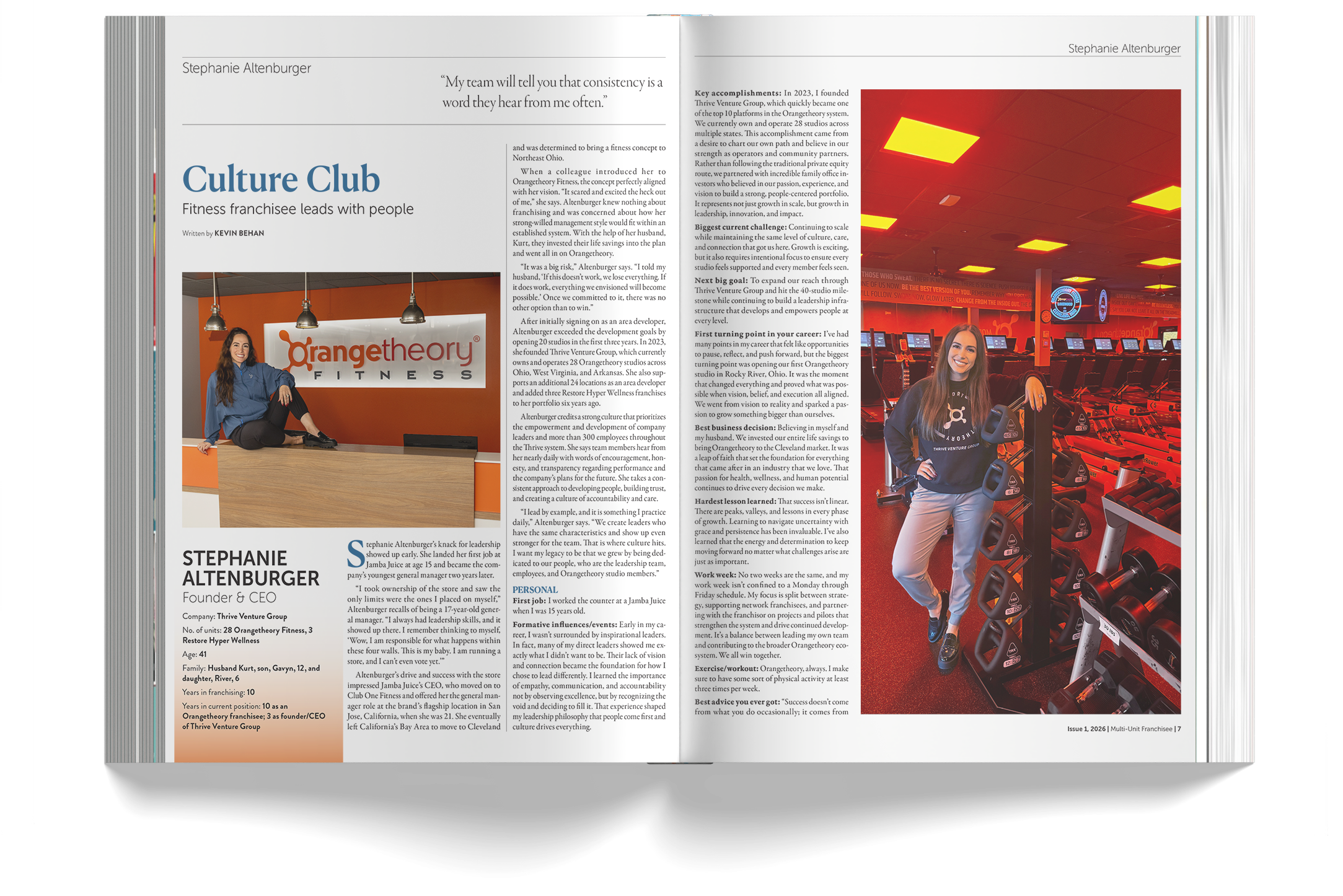 Open magazine featuring an article about Stephanie Altenburger, founder and CEO of Thrive Venture Group. The left page displays her photo in a fitness center, with the headline 'Culture Club: Fitness franchisee leads with people.' The right page cont