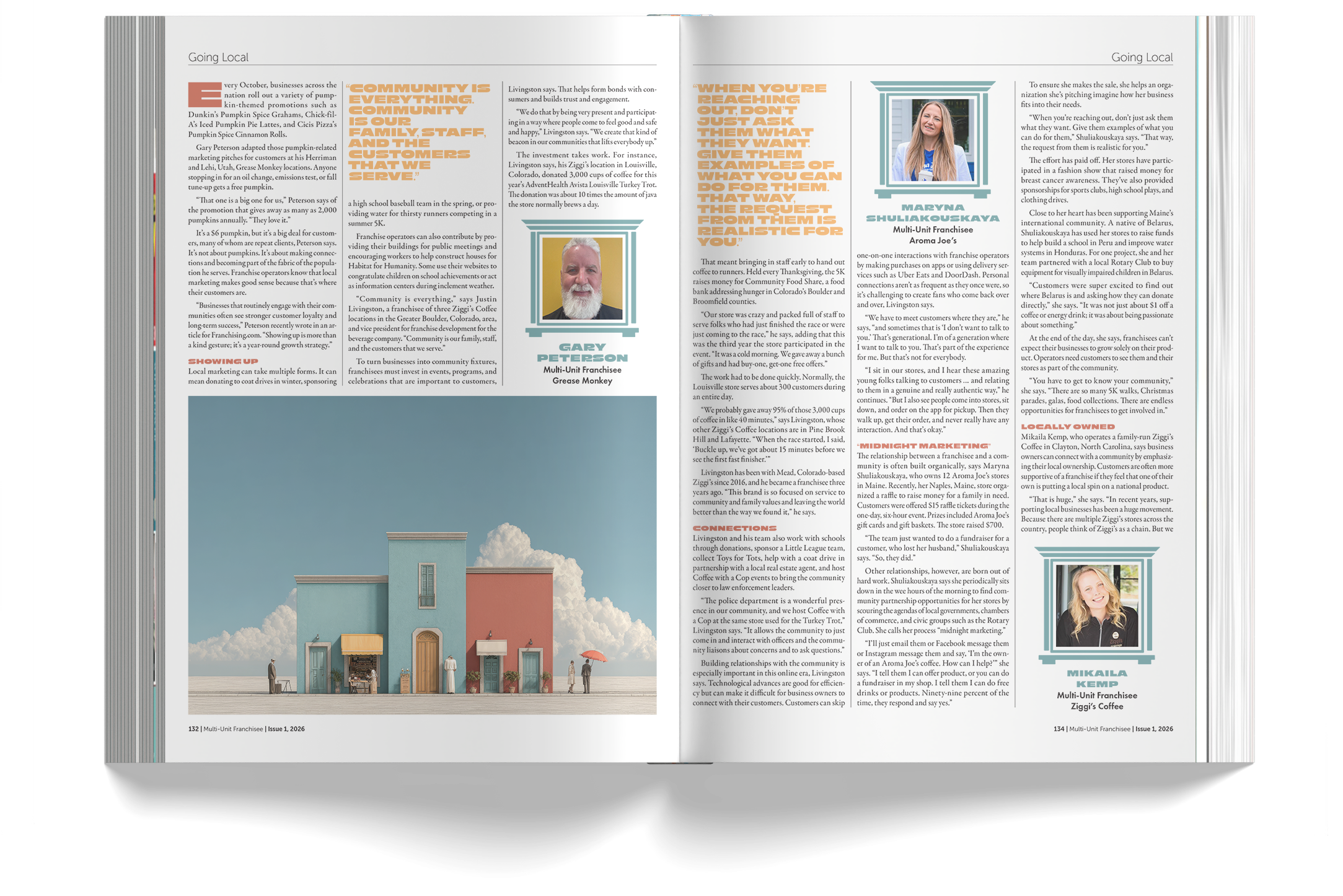 An open magazine displaying pages with articles about local community activities, franchise stories, and personal interviews. The pages include a photo of a woman named Maryna Shuliakouskaya and a smaller photo of another woman named Mikaila Kemp. Th