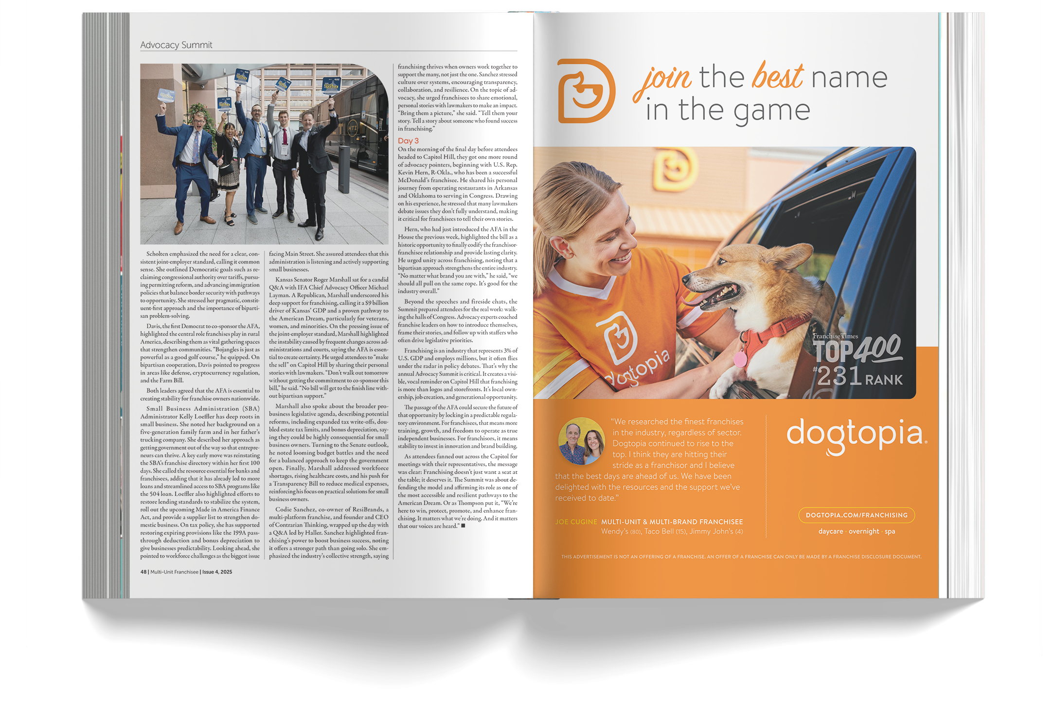 Open magazine spread with text and images. Left page shows a group photo of six people in business attire outside a building, holding blue signs. Right page has an orange-colored section with a person smiling at a dog through a car window, with logo,
