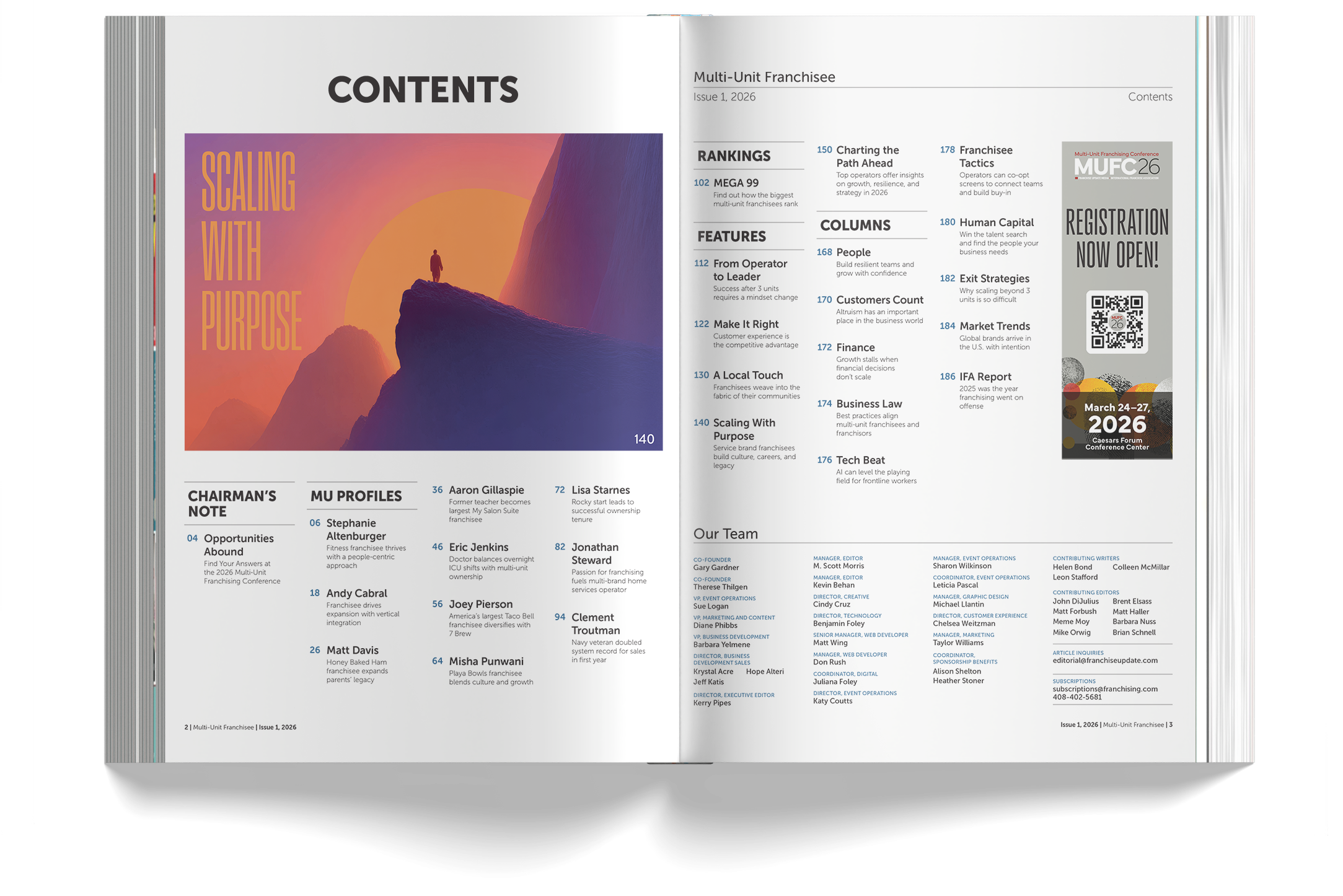 Open magazine displaying contents page of a business conference publication, titled "Multi-Unit Franchisee Conference 2026." On the left page, there is a colorful graphic with a person standing on a mountain peak at sunset and the text "Scaling with 