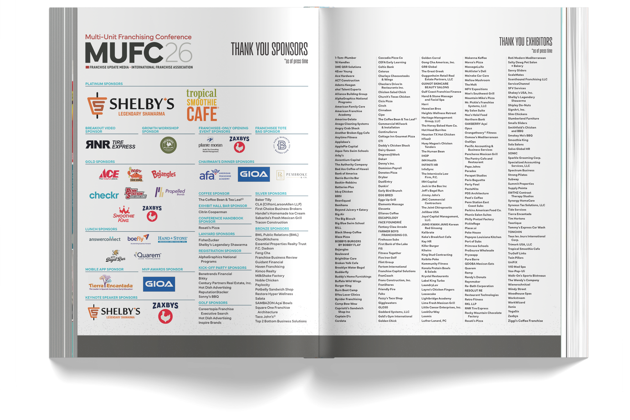 A two-page conference program with a list of sponsors, exhibitors, and supporters, featuring logos and text in various font sizes.