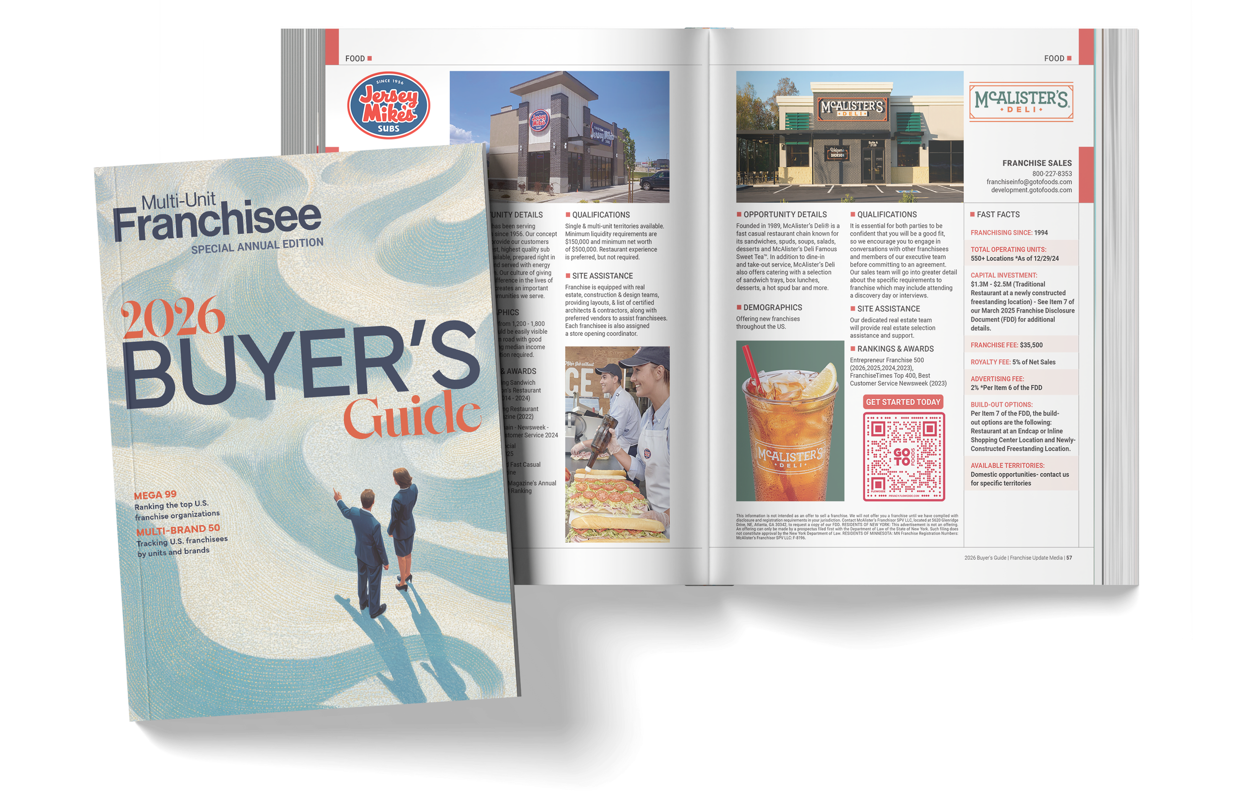 Open magazine displaying pages of franchisee guide with text, city images, and deli and sandwich photos.