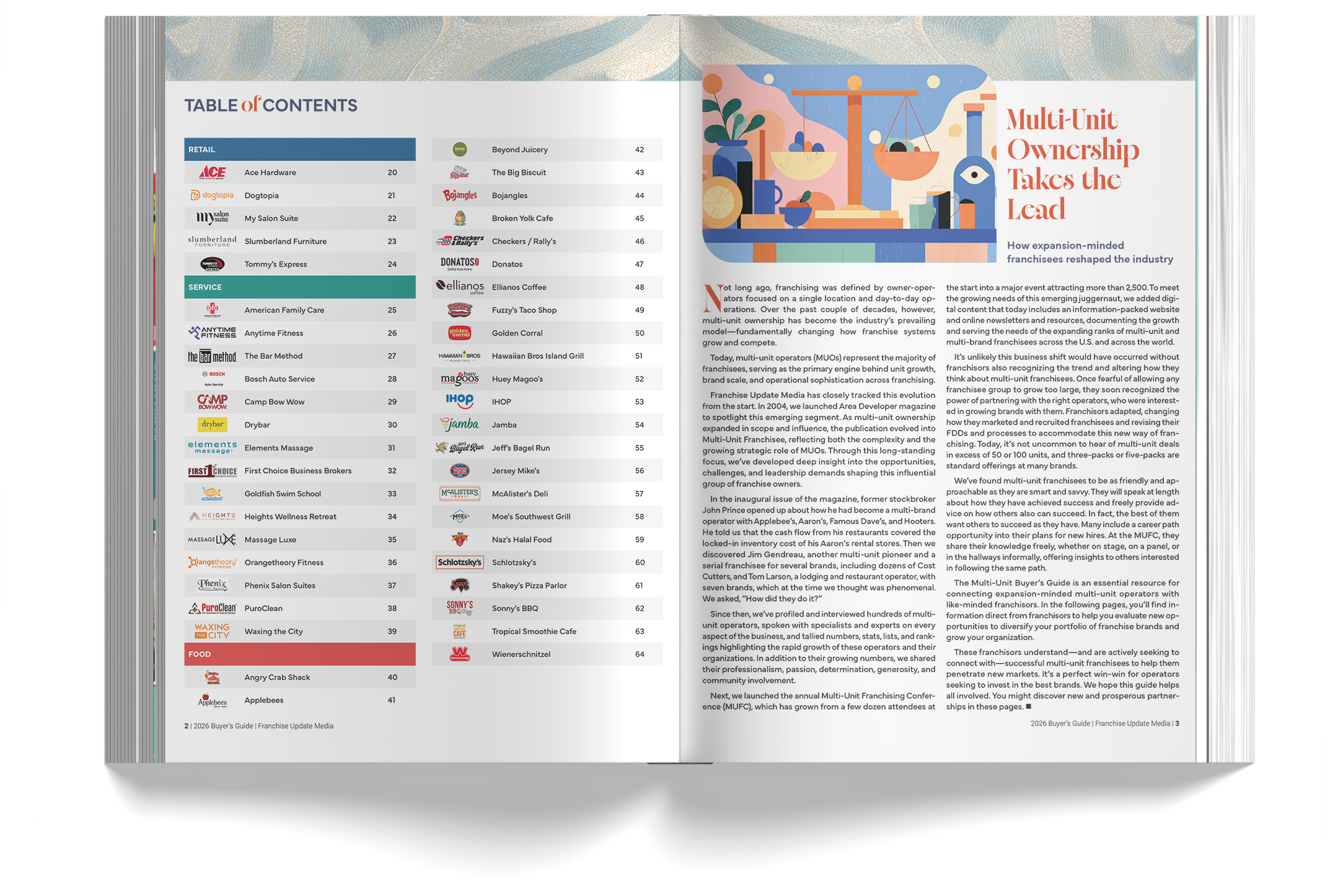 Open magazine showing a table of contents page with sections for retail, service, food, and entertainment. Visible logos include Ace Hardware, Dogtopia, My Salon Suite, and others. The right page features a colorful illustration of abstract shapes, a