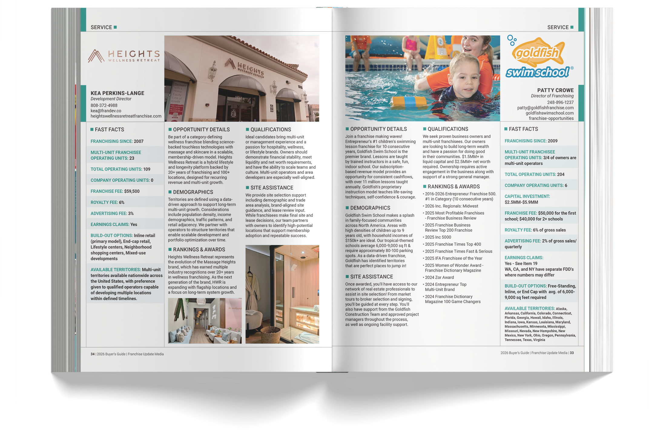 Open magazine spread featuring information about wellness retreat franchise and swim school franchise, with images of storefront and swimming pool area.