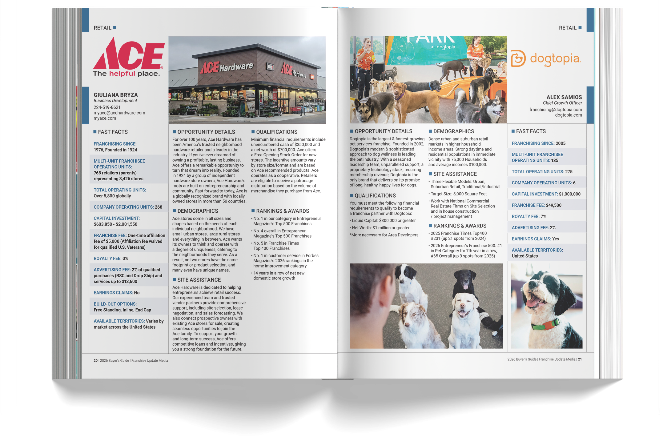 An open magazine spread featuring business information about ACE Hardware and Dogtopia, with images of a retail store, a woman at Dogtopia with multiple dogs, and a dog in a colorful play area.