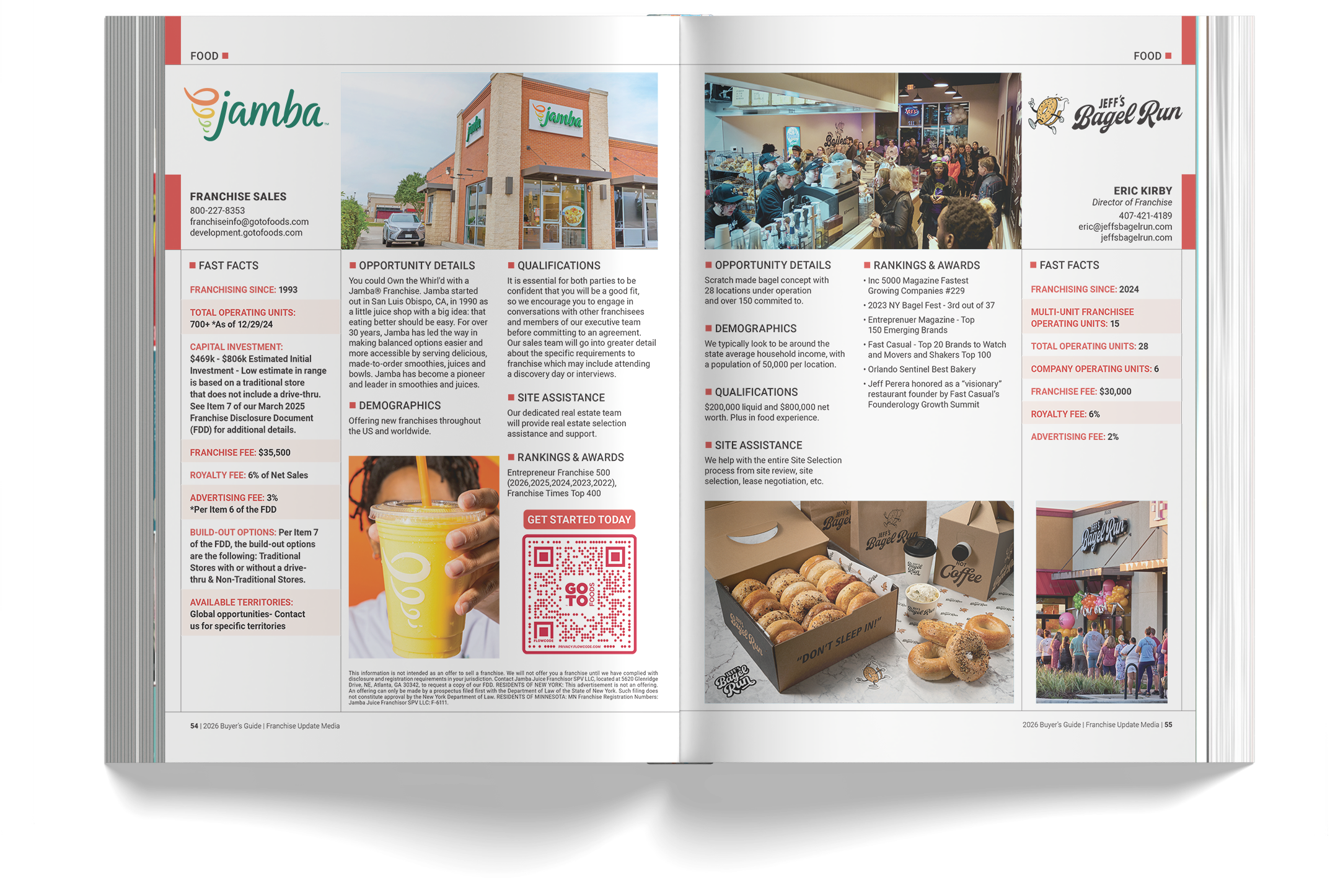 A two-page spread of a business guide featuring Jamba Juice franchise information on the left and Jeff's Bagel Run store interior with customers and bagels on the right.