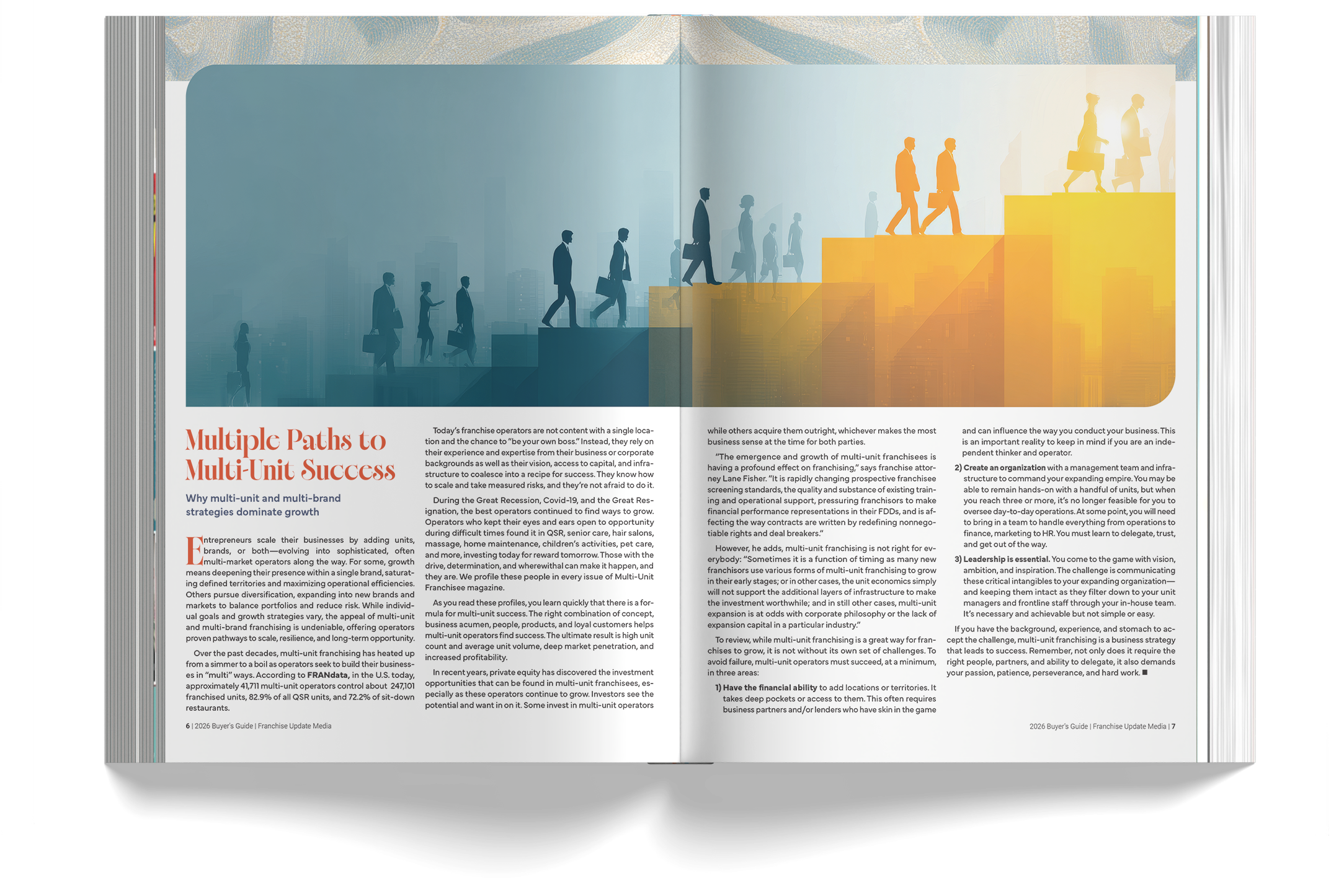 Open magazine showing a two-page article titled 'Multiple Paths to Multi-Unit Success' with silhouettes of business people ascending stairs in different colors on a cityscape background.