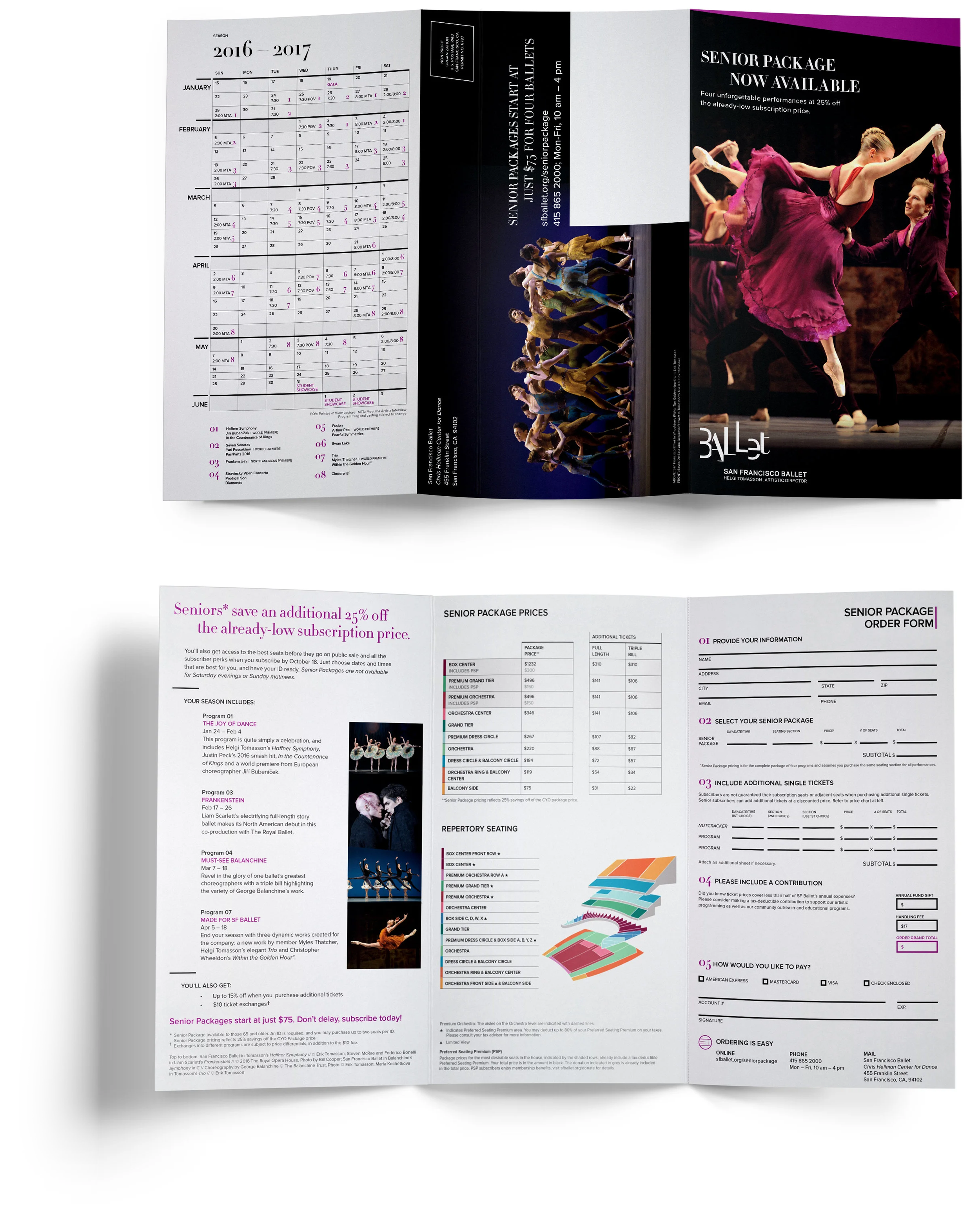A multi-page ballet brochure featuring season information, ticket prices, upcoming performances, and a large photo of ballet dancers in costume mid-performance.