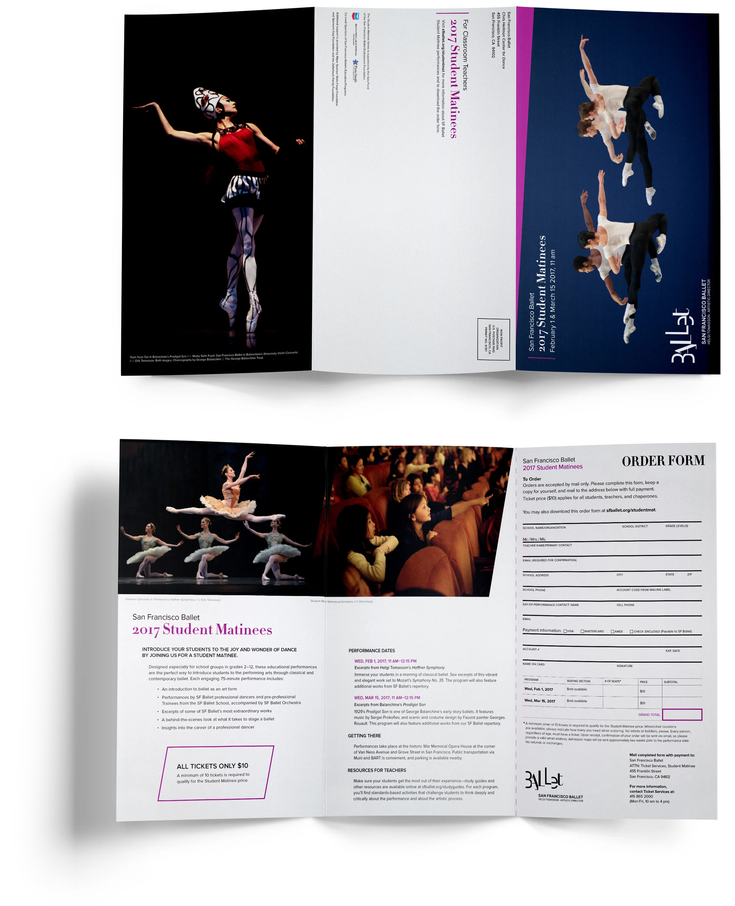 Brochure for San Francisco Ballet 2017 Student Matinees with images of ballet dancers performing on stage, including a female dancer in a tutu and a group of four dancers in white tops and black pants. The brochure contains performance dates, order form, and details about ticket prices and events.