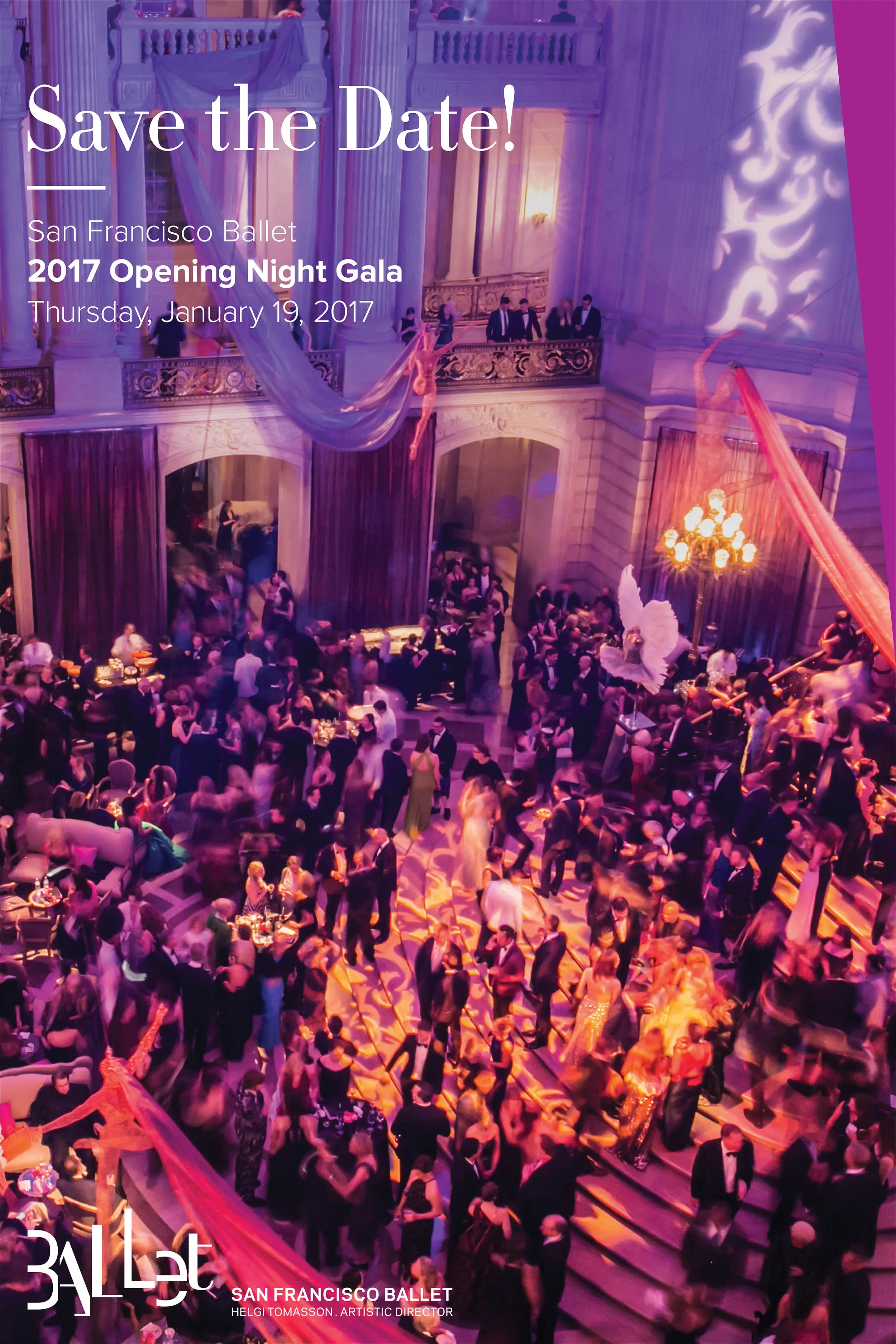 A crowded ballroom with elegant decor, purple lighting, and dancers dressed in formal attire at a ballet event.