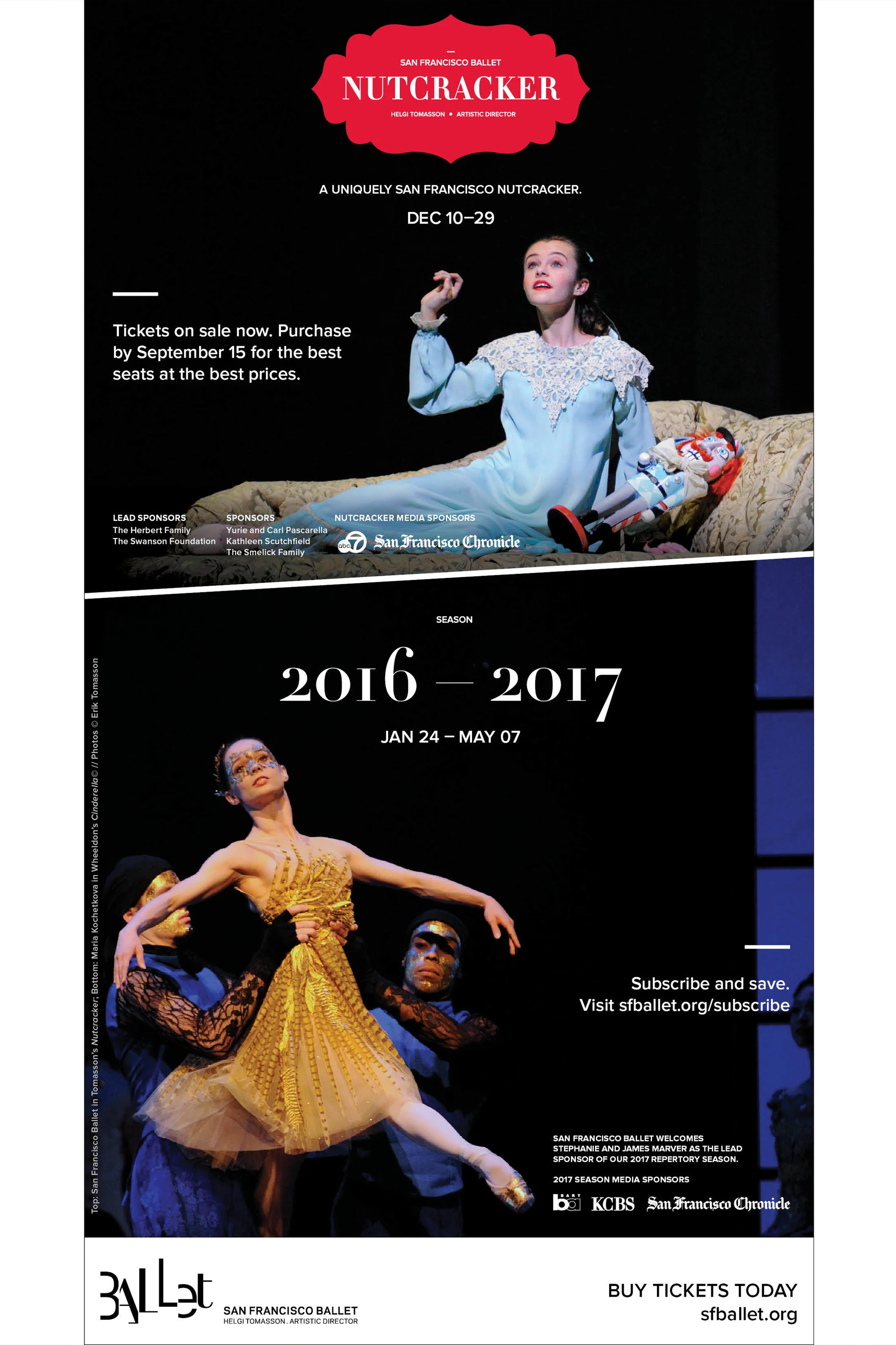 Poster for San Francisco Ballet's Nutcracker, featuring a young ballerina in a gold tutu, with encore details about performances, sponsors, and ticket purchase information.
