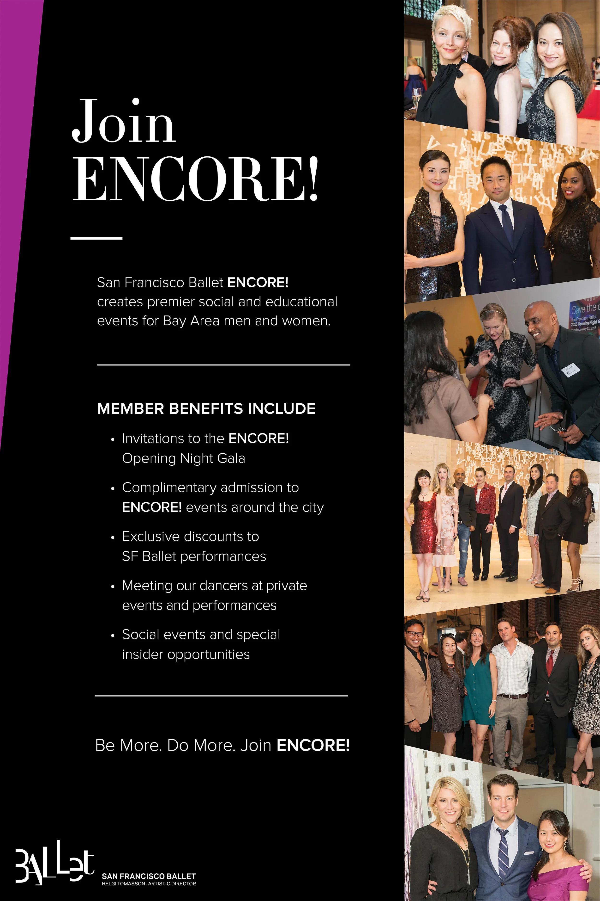 Promotional flyer for San Francisco Ballet's Encore events, featuring several groups of people at social and dance events, with text detailing member benefits and inviting people to join.