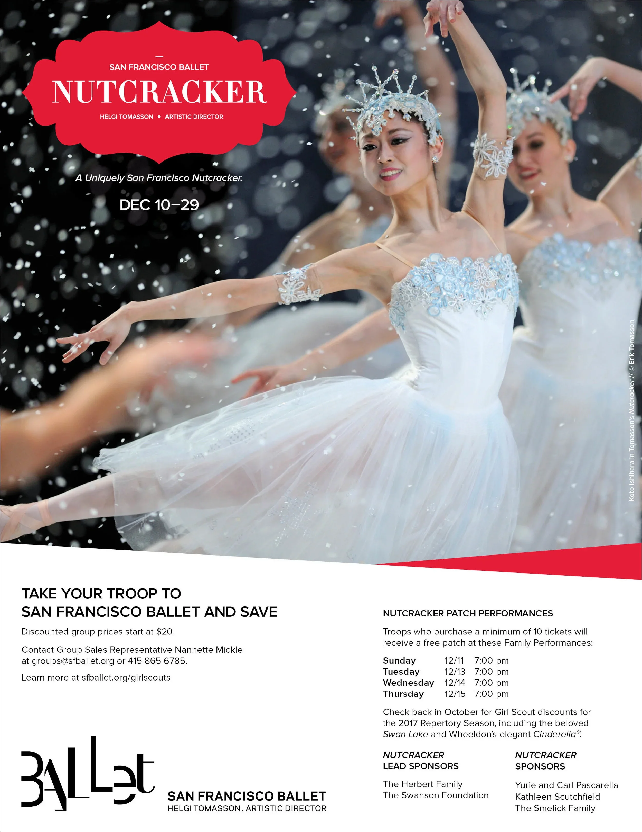 Promotional flyer for San Francisco Ballet's Nutcracker performance, featuring ballet dancers in white costumes with snowflake headpieces, performing on stage with falling snow or confetti. Text on the flyer includes event dates from December 10 to 29, ticket information, and sponsorship acknowledgments.