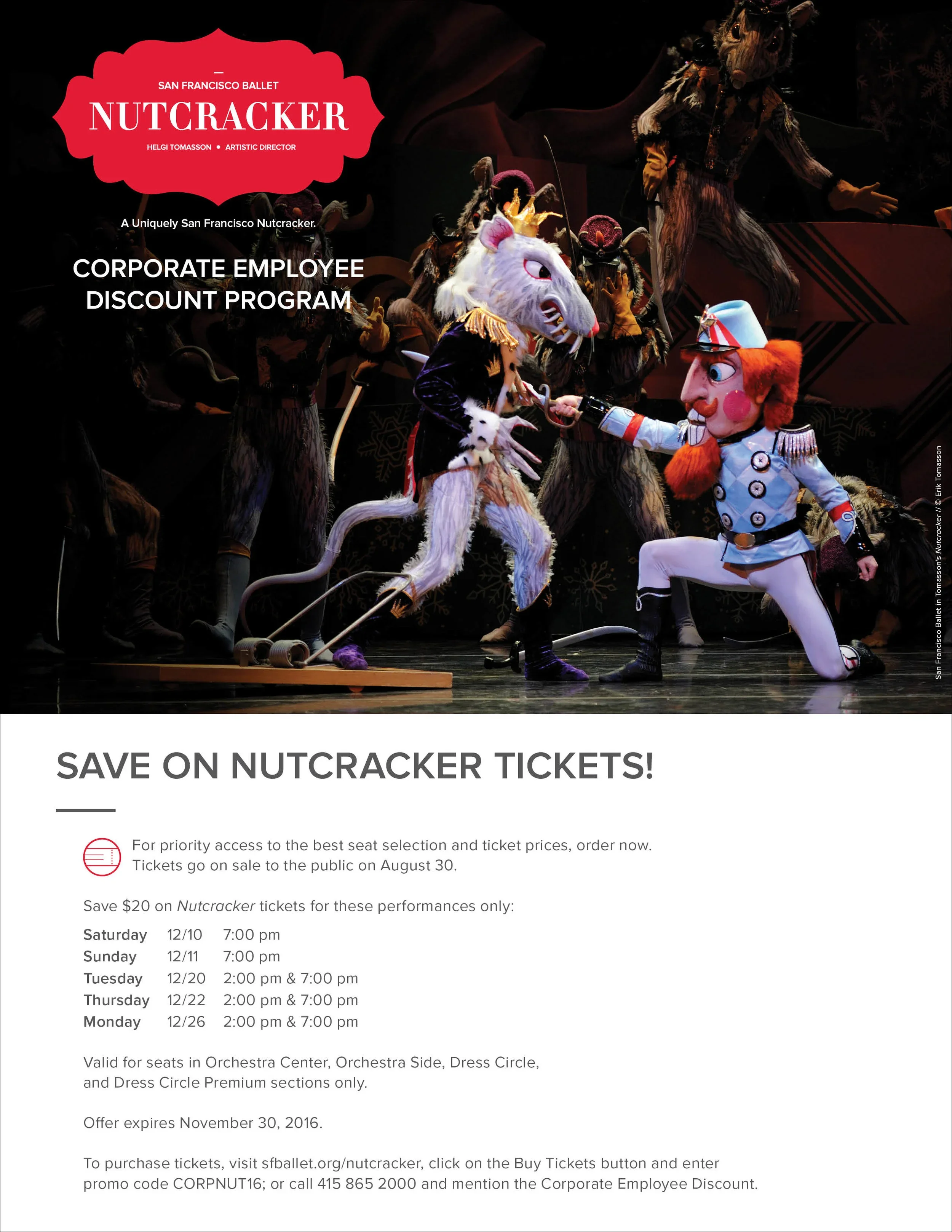 A promotional flyer for San Francisco Ballet's Nutcracker performance. The top features a scene from the Nutcracker with characters in costume on stage. The flyer includes ticket sale information, performance dates and times, and instructions for purchasing tickets online or by phone. The background includes Santa's elves and holiday decorations.